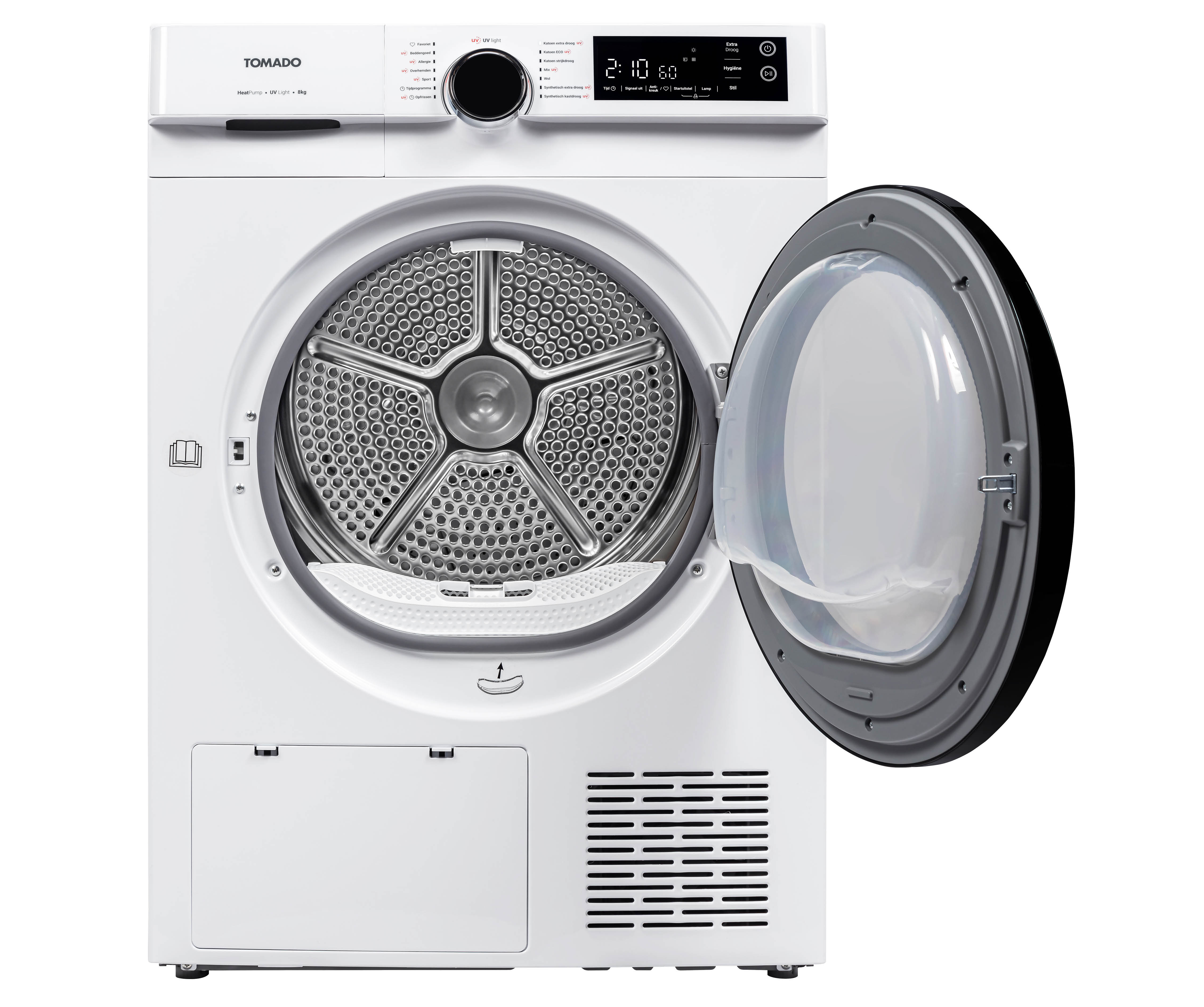A white Tomado tumble dryer with its door open and a digital display.