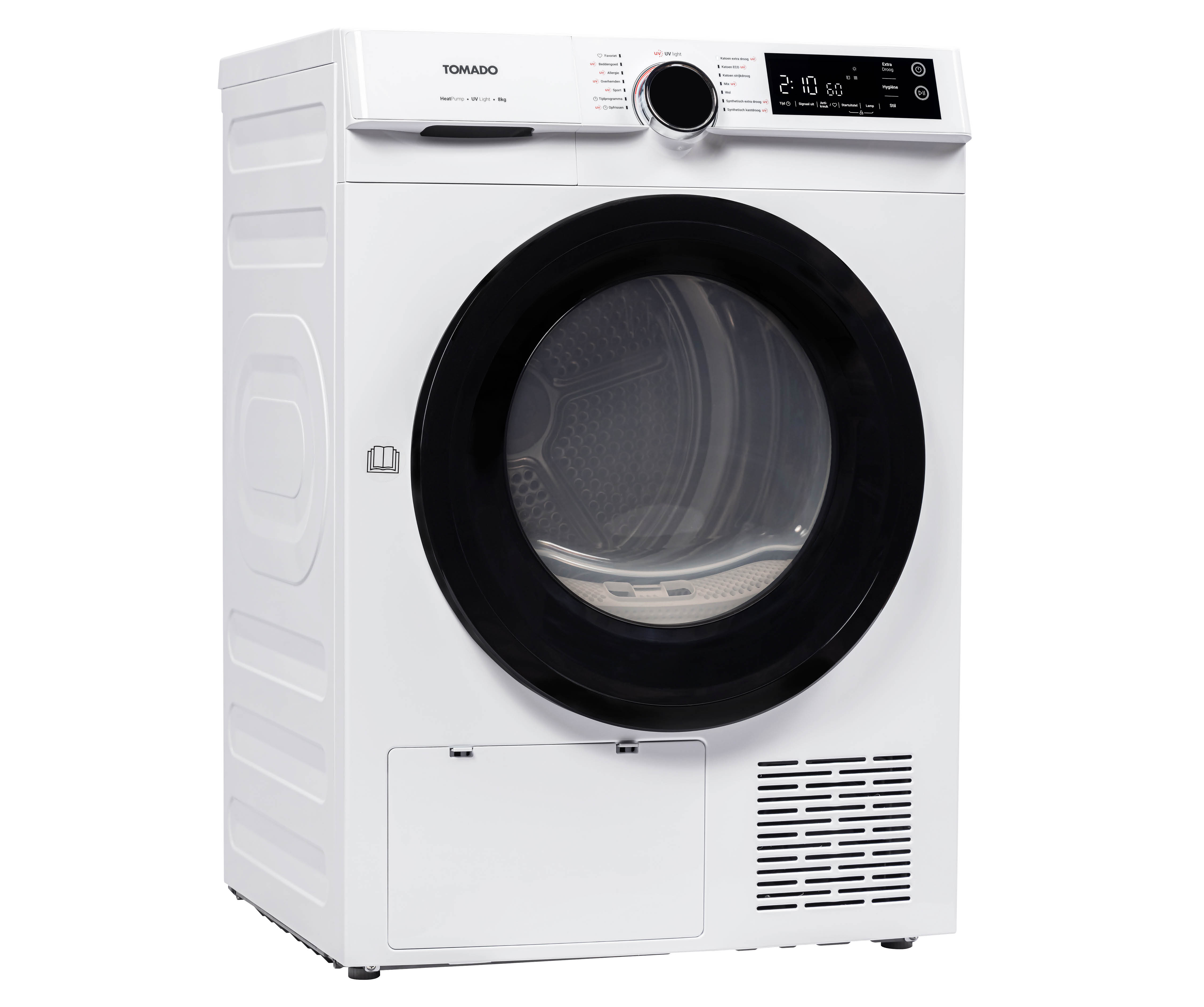A white Tomado clothes dryer with a black door and control panel.