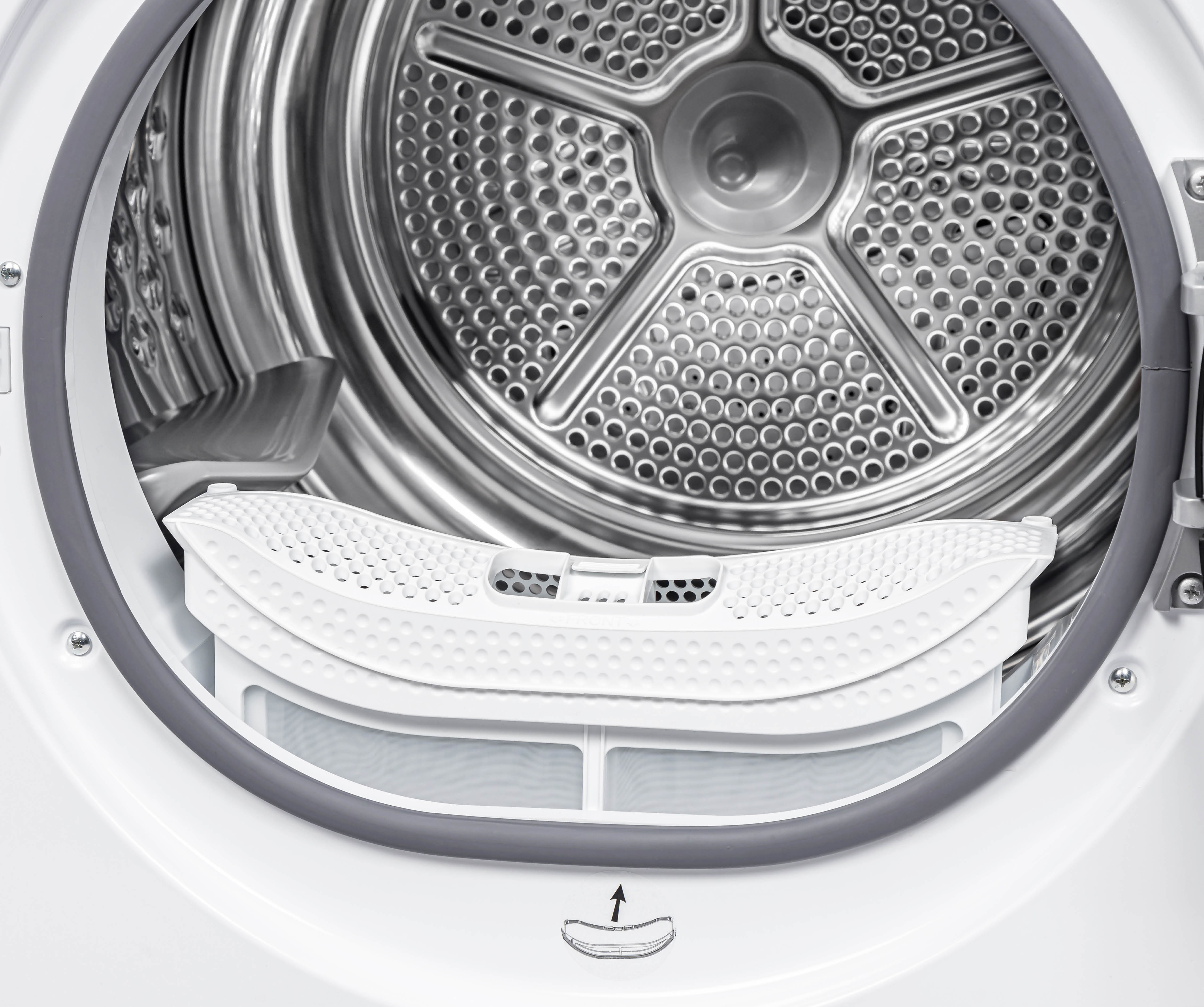 Inside view of a clothes dryer with a white lint filter and stainless steel drum.