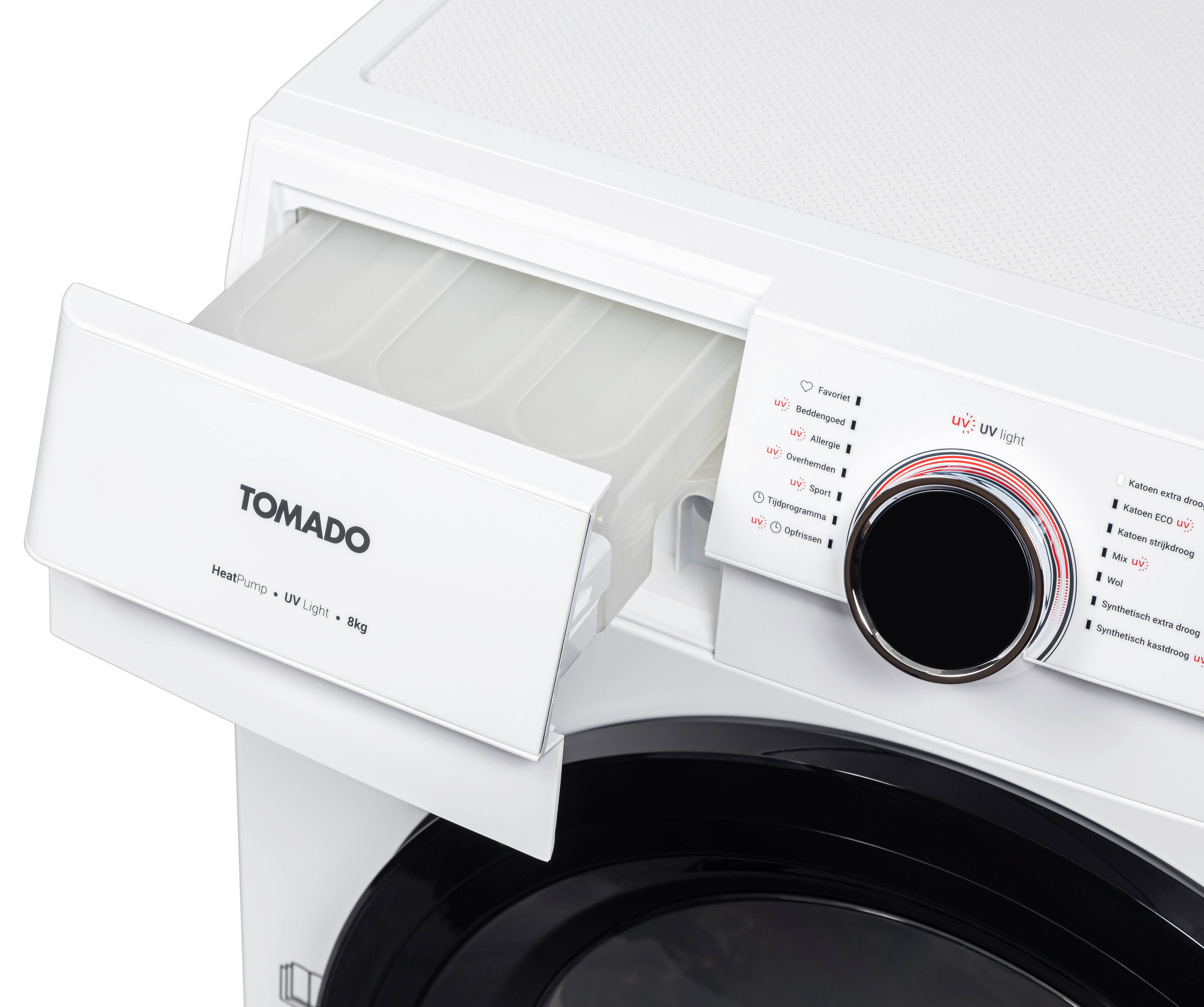 White washing machine with drawer open and control panel. Brand: TOMADO.