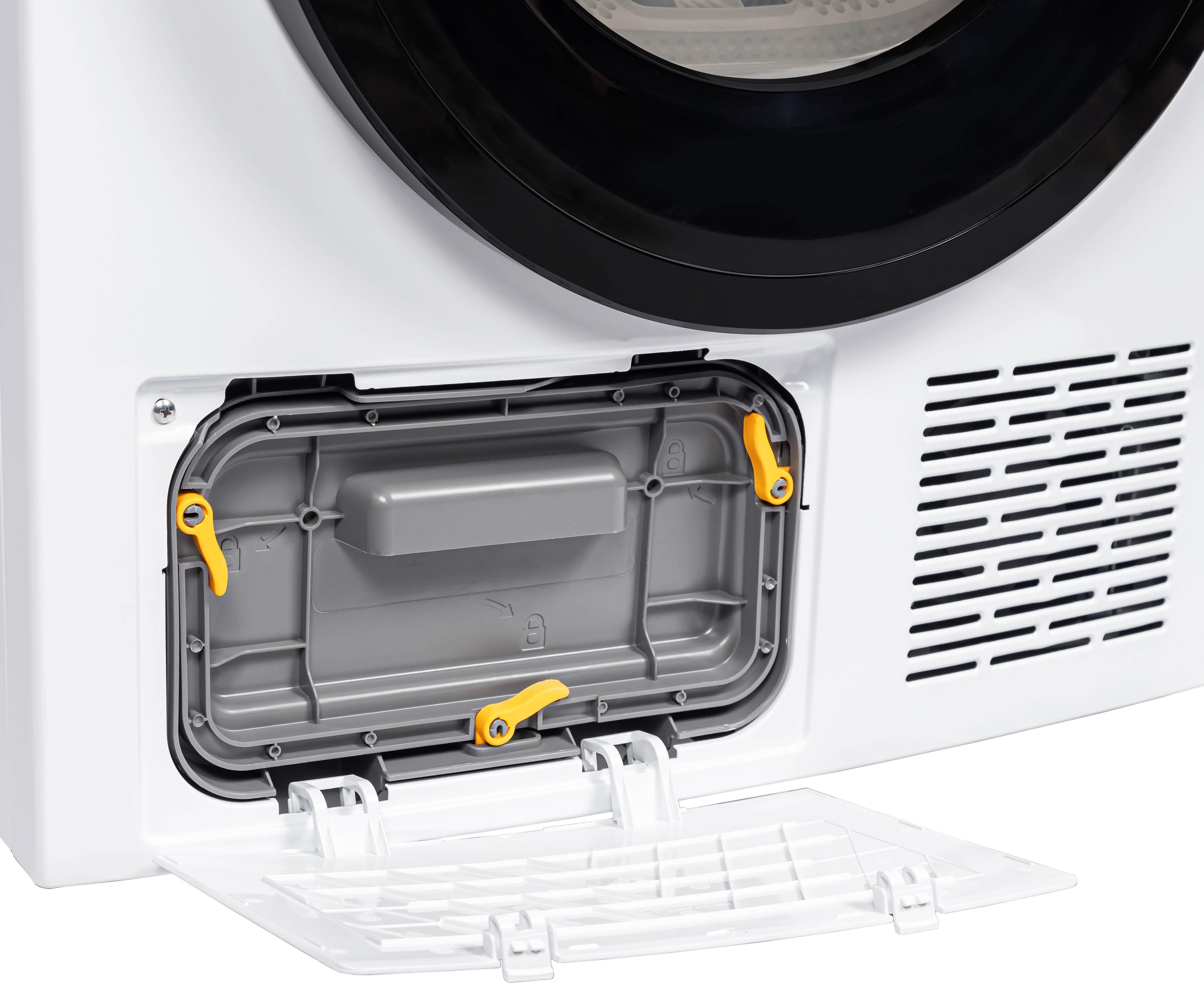 Close-up of an open filter on a white washing machine with yellow latches.