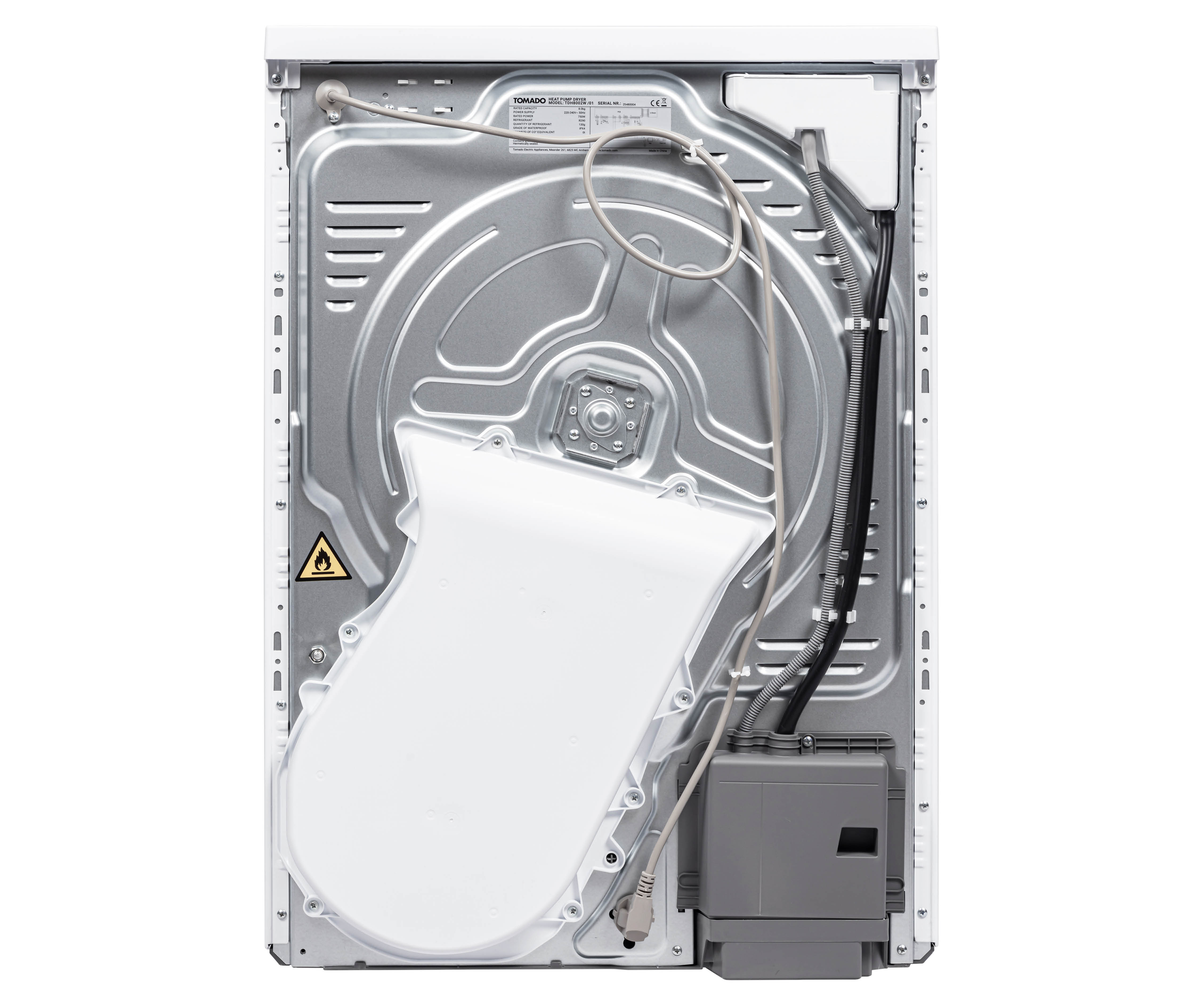 Back view of a clothes dryer showing cables, water tank, and internal components.