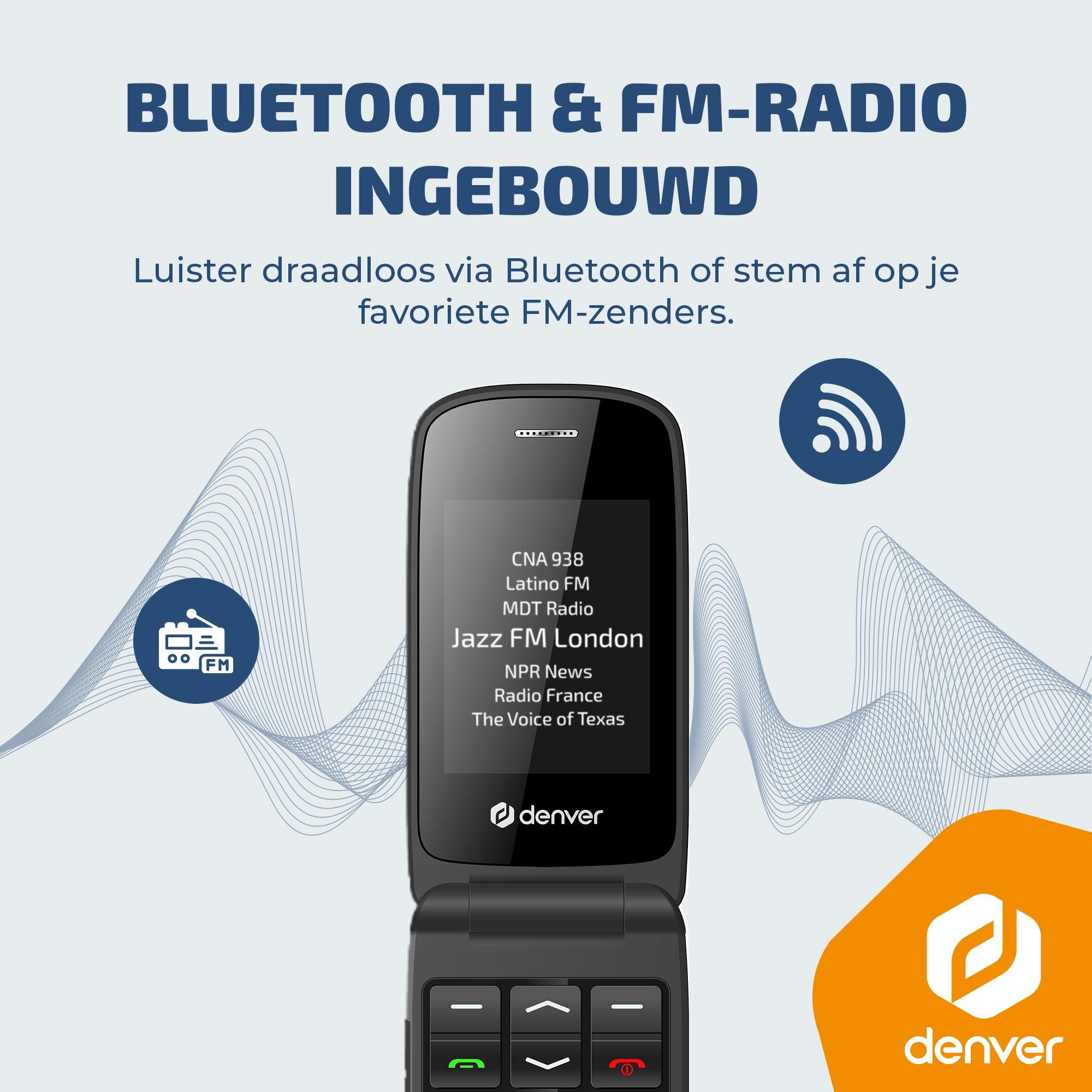 Un téléphone à clapet noir affichant des stations de radio et des logos Denver.