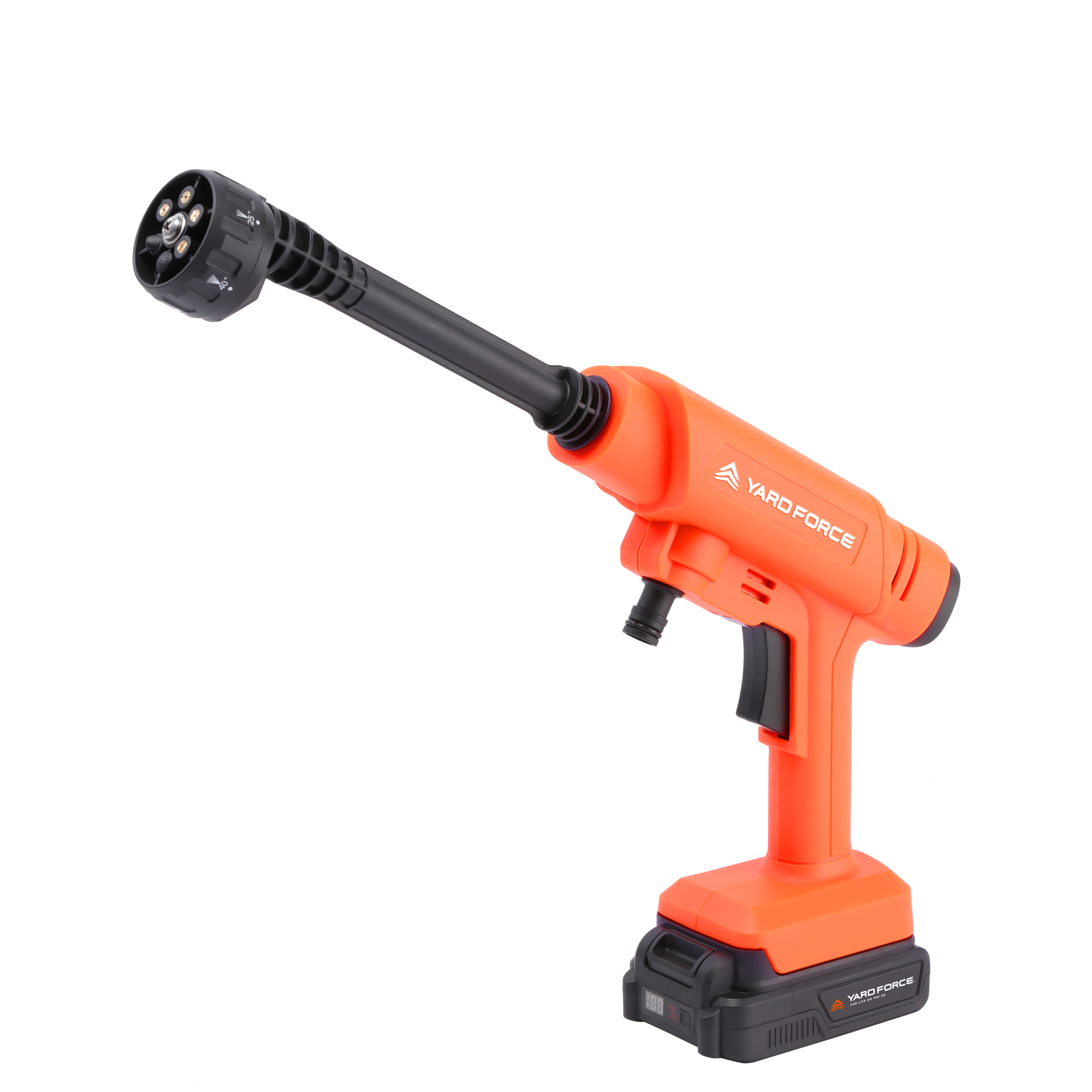 Orange und schwarzer Hochdruckreiniger mit Akku und verstellbarem Sprühkopf.