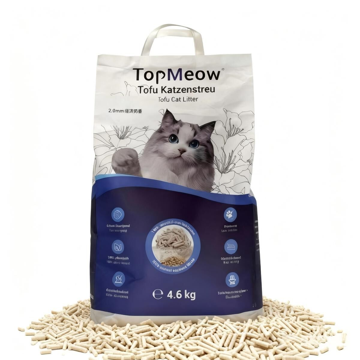 Una bolsa de arena TopMeow Tofu para gatos con imagen de gato y arena.
