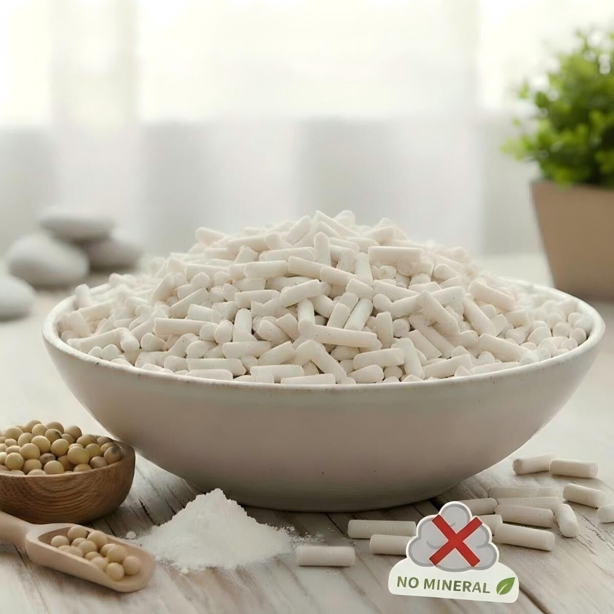 Un cuenco de bolitas blancas con soja y polvo al lado.