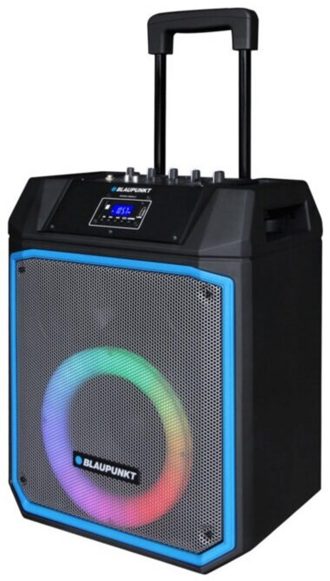 Czarny głośnik przenośny z niebieskim wykończeniem i kolorowym pierścieniem LED.