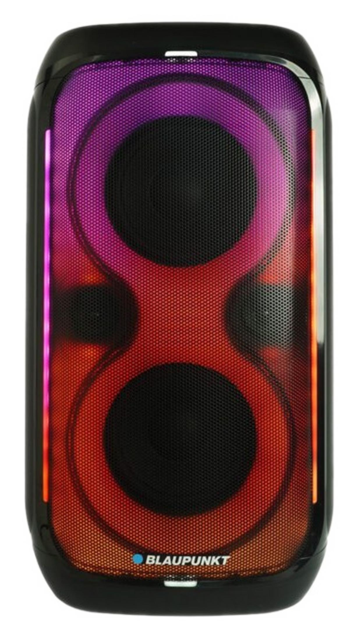 Un altoparlante nero con luci viola e rosse, logo Blaupunkt in basso.