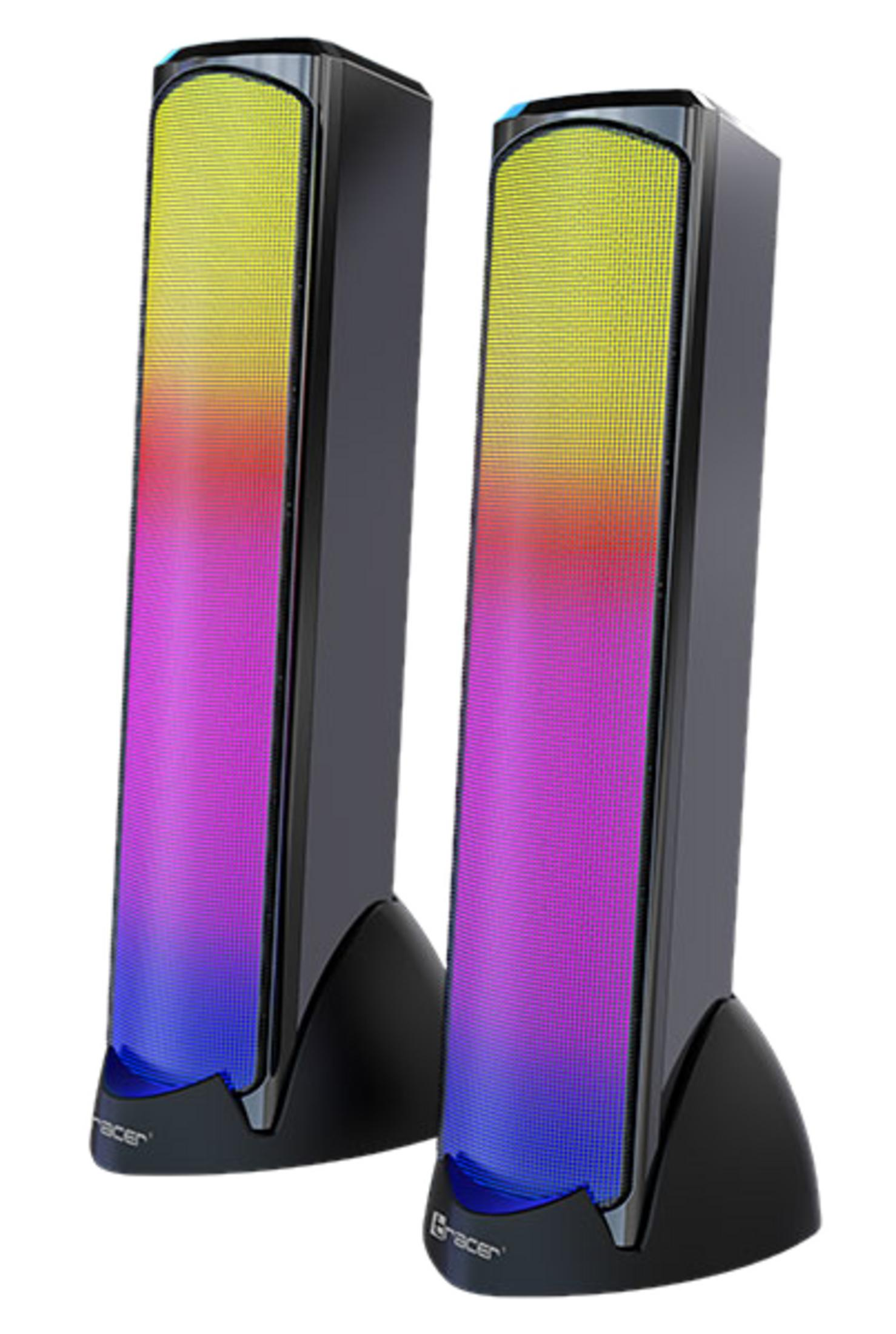 Due altoparlanti neri con illuminazione RGB su sfondo bianco.