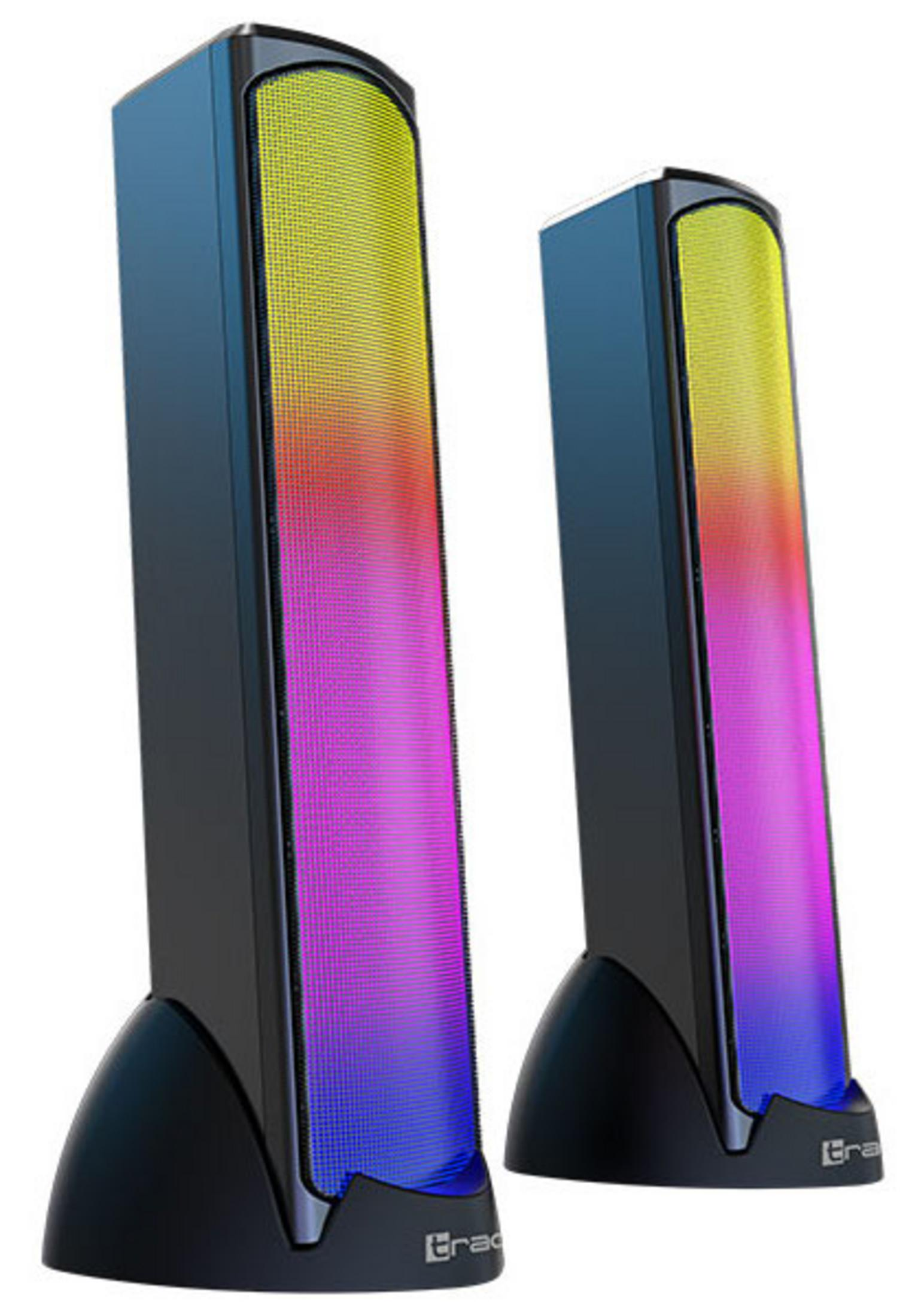 Due altoparlanti neri con illuminazione RGB sfumata da giallo a viola.