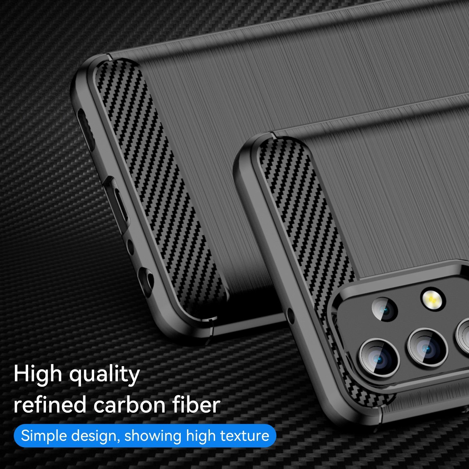 Funda de teléfono negra de fibra de carbono con recorte de cámara y acabado texturizado.
