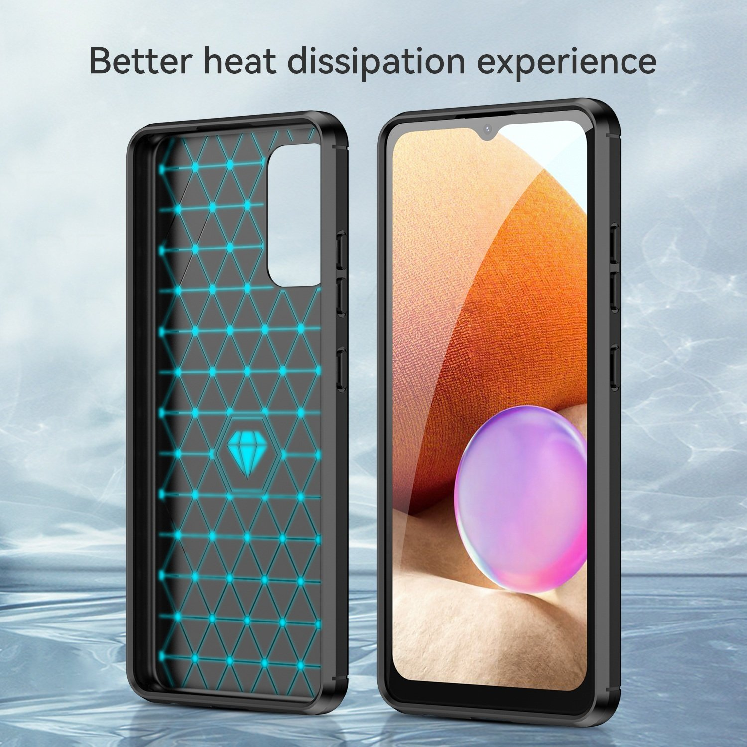 Funda negra para teléfono con patrón de rejilla azul y un smartphone con bola colorida.