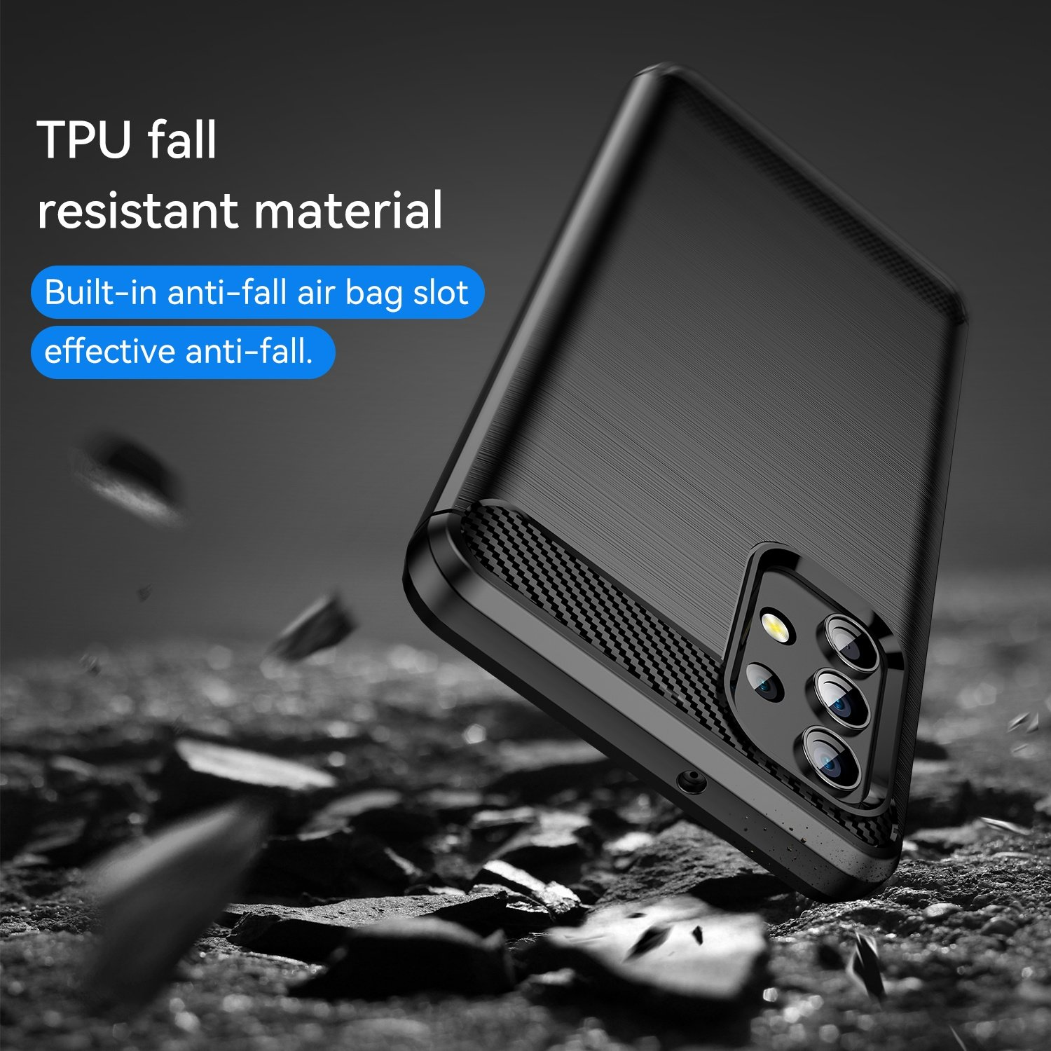 Funda negra para teléfono con cámara sobre piedras que caen.
