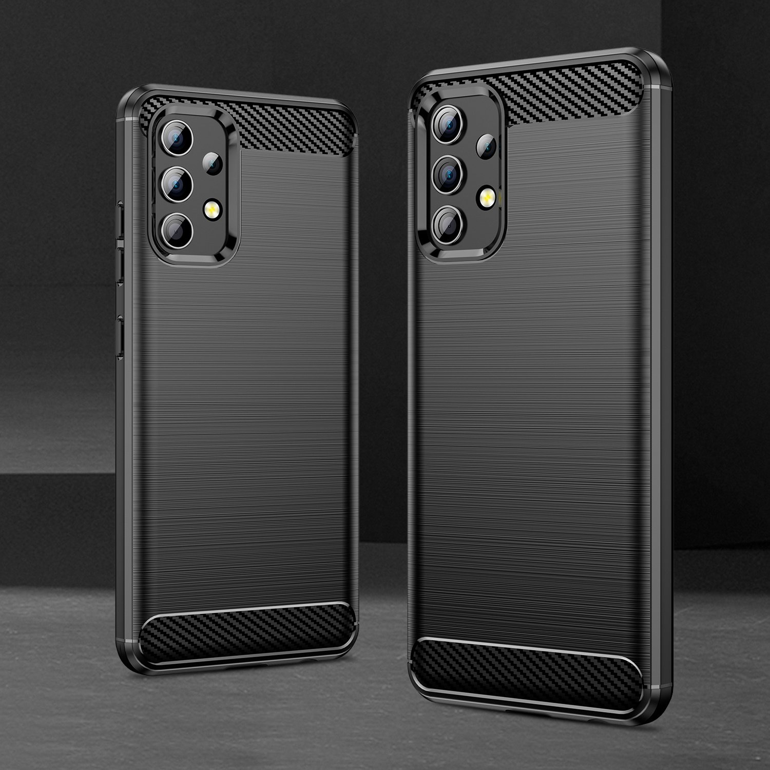 Dos fundas de teléfono negras con detalles de fibra de carbono y corte de cámara.