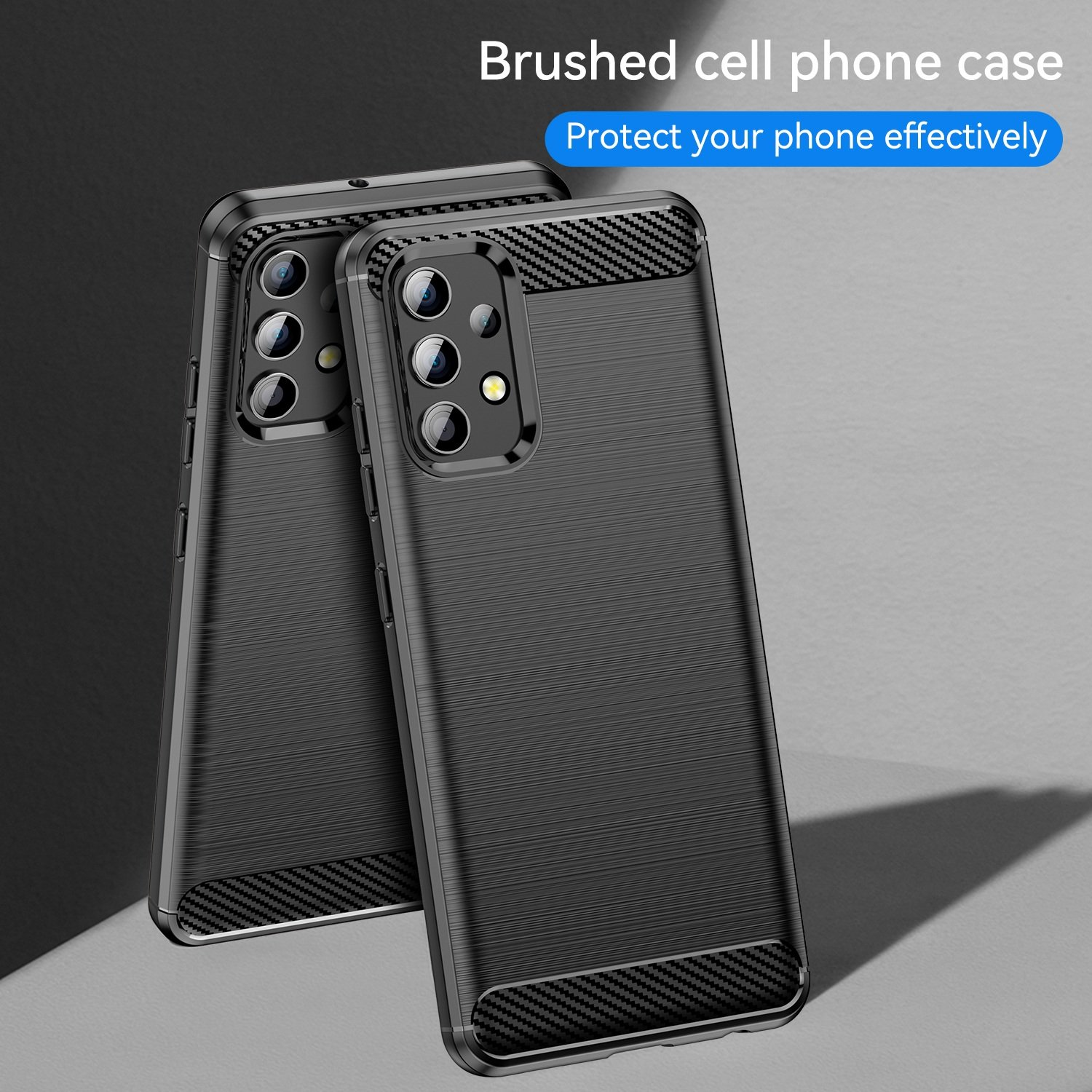 Dos fundas negras cepilladas para teléfono con detalles de fibra de carbono y recortes para cámara.
