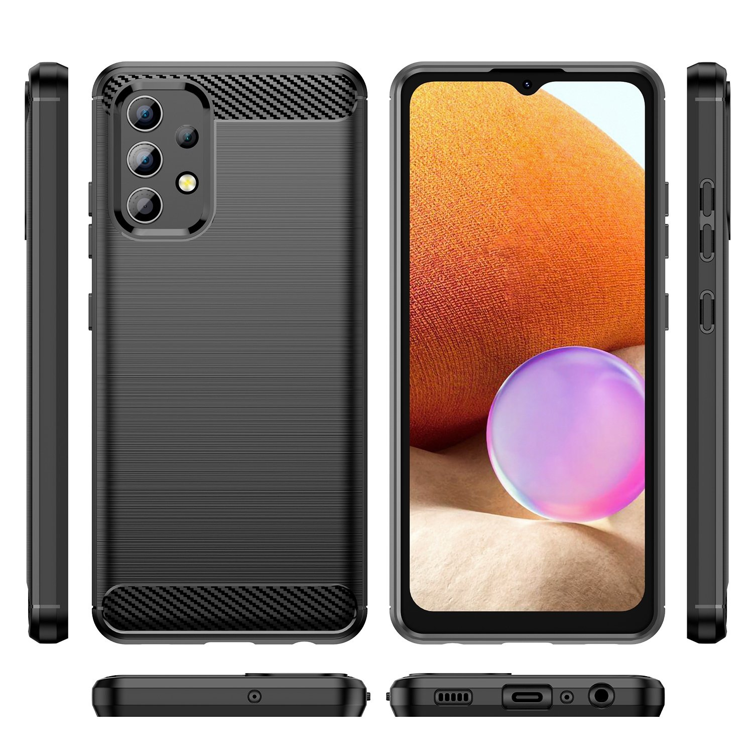 Funda de teléfono negra con detalles de carbono, vistas frontal, lateral e inferior.