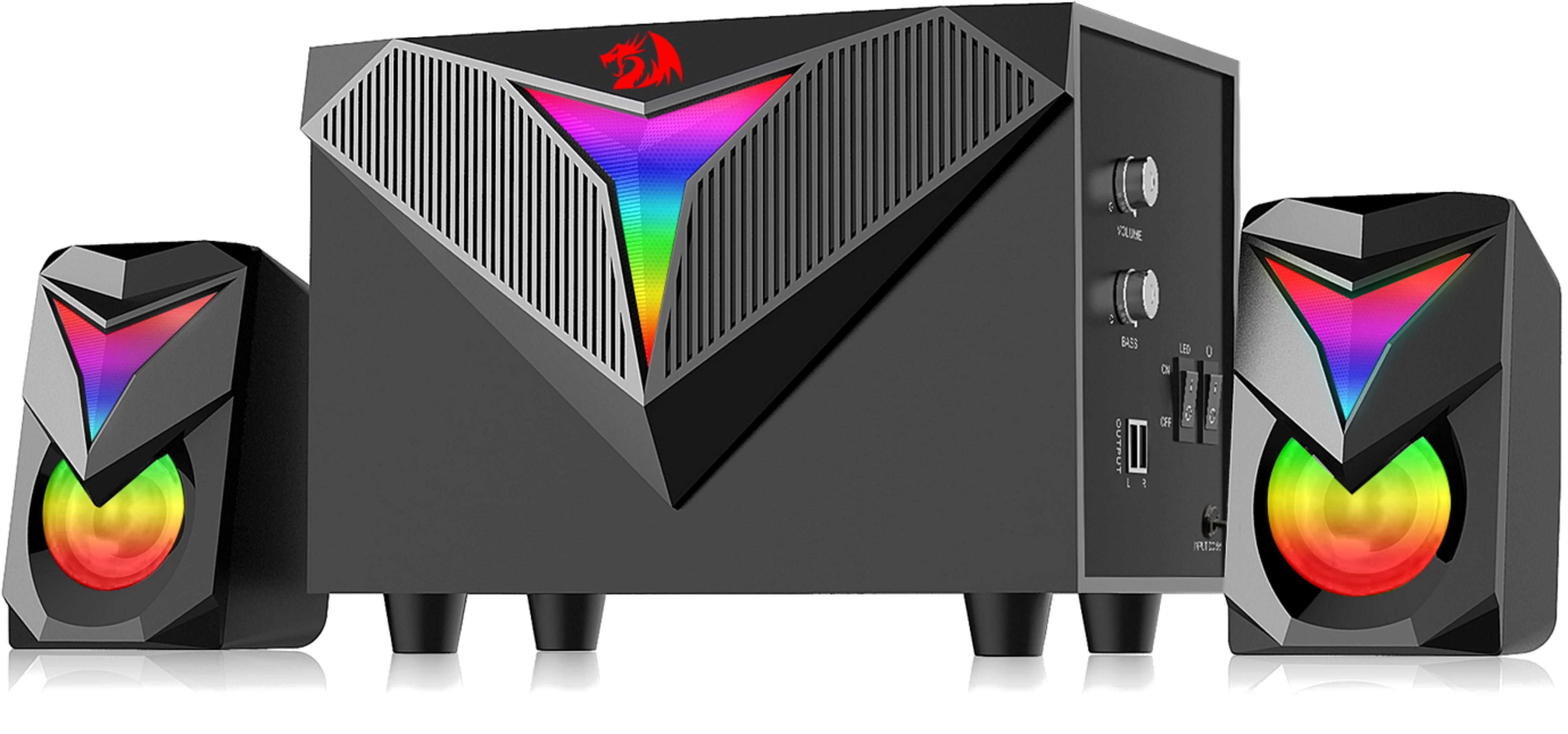 Sistema di altoparlanti nero con illuminazione RGB e accenti argentati.