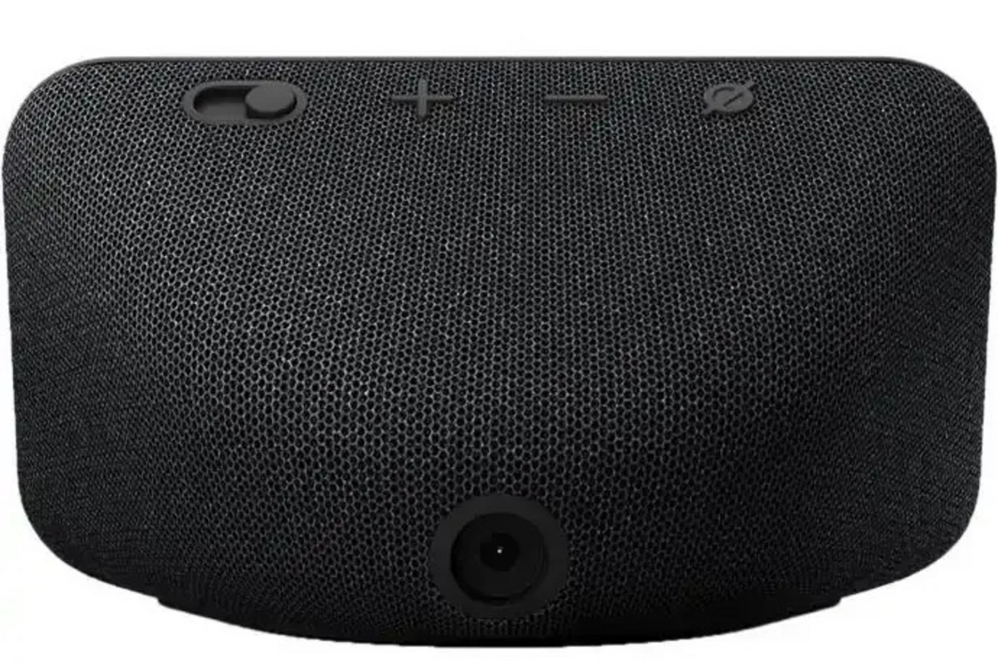 Black smart speaker with control buttons on top and a ring at the bottom.