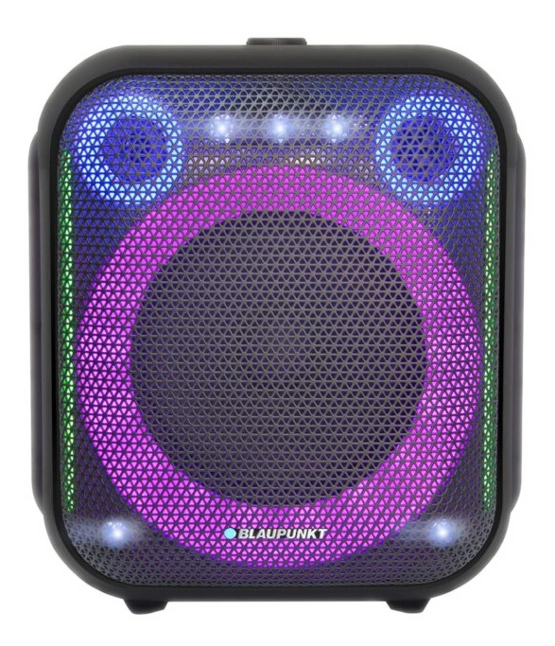 Un altoparlante nero con luci colorate e logo Blaupunkt.