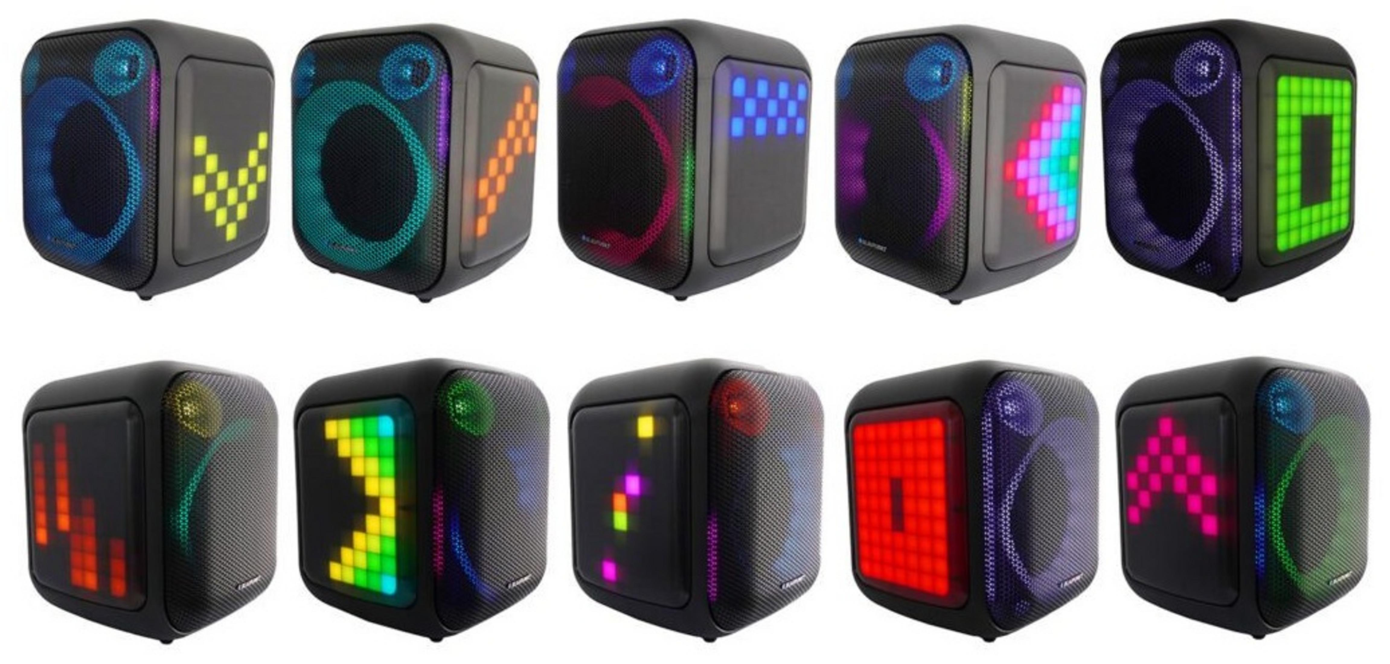 Dieci altoparlanti neri con display LED colorati che mostrano vari motivi.