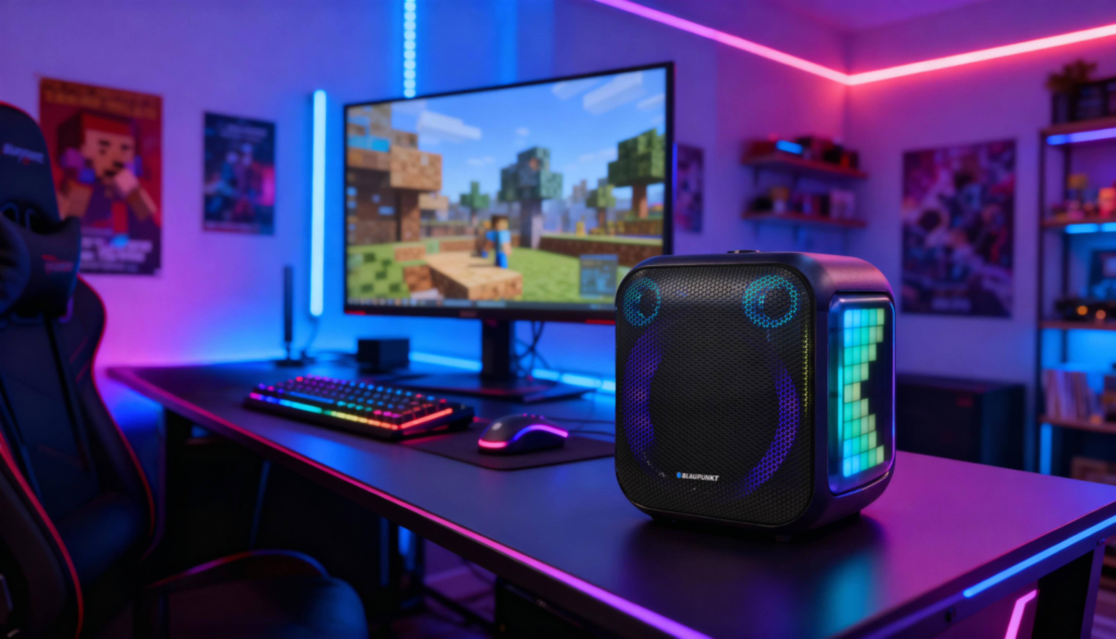 Una postazione da gaming con illuminazione RGB, altoparlante e schermo Minecraft.