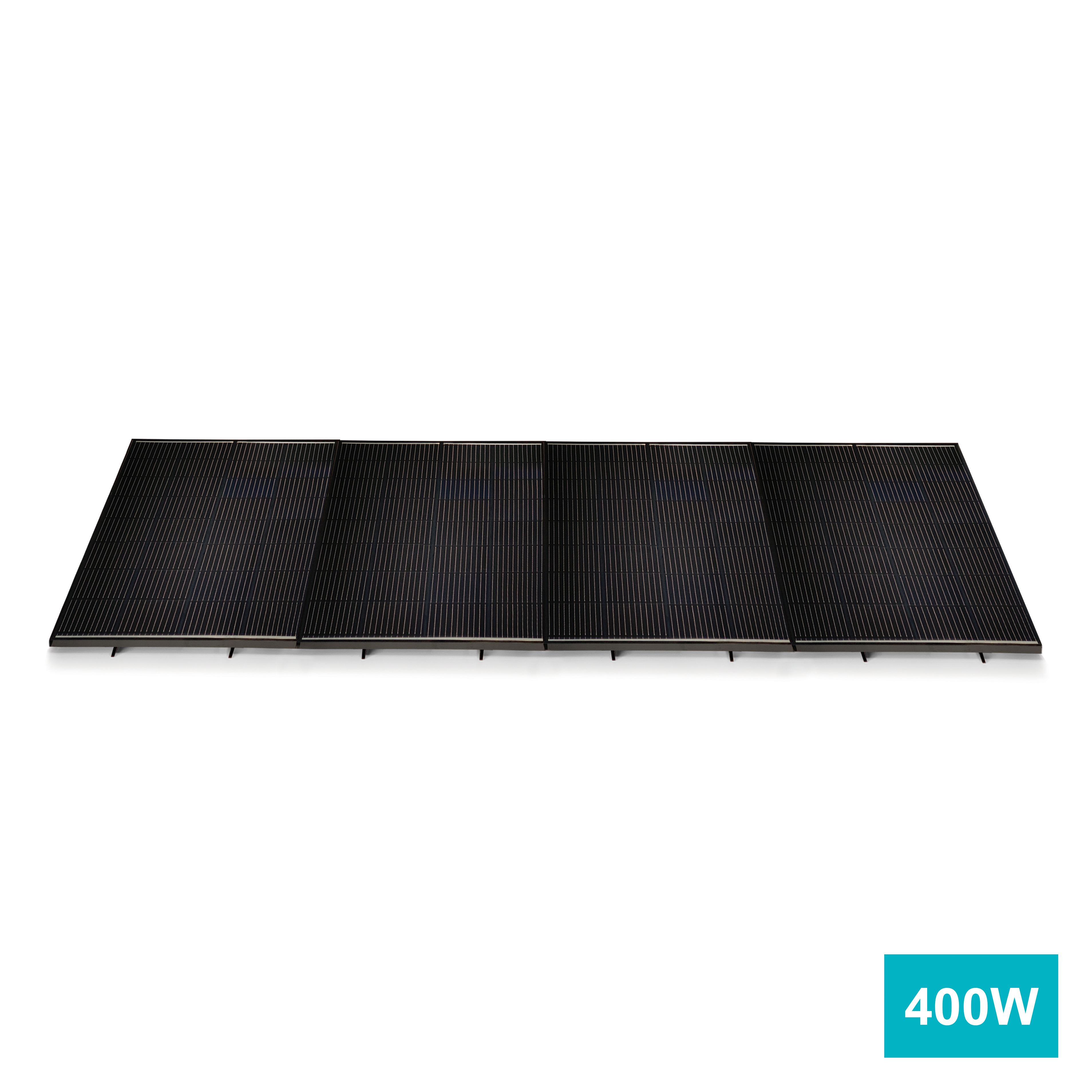 Panel solar negro de 400W sobre fondo blanco.
