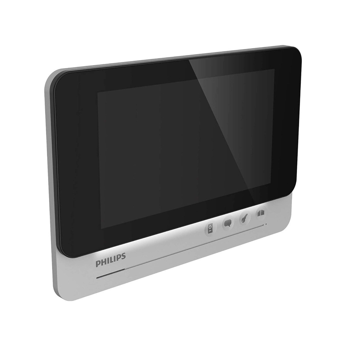 Un monitor de intercomunicador Philips plateado y negro con pantalla táctil.