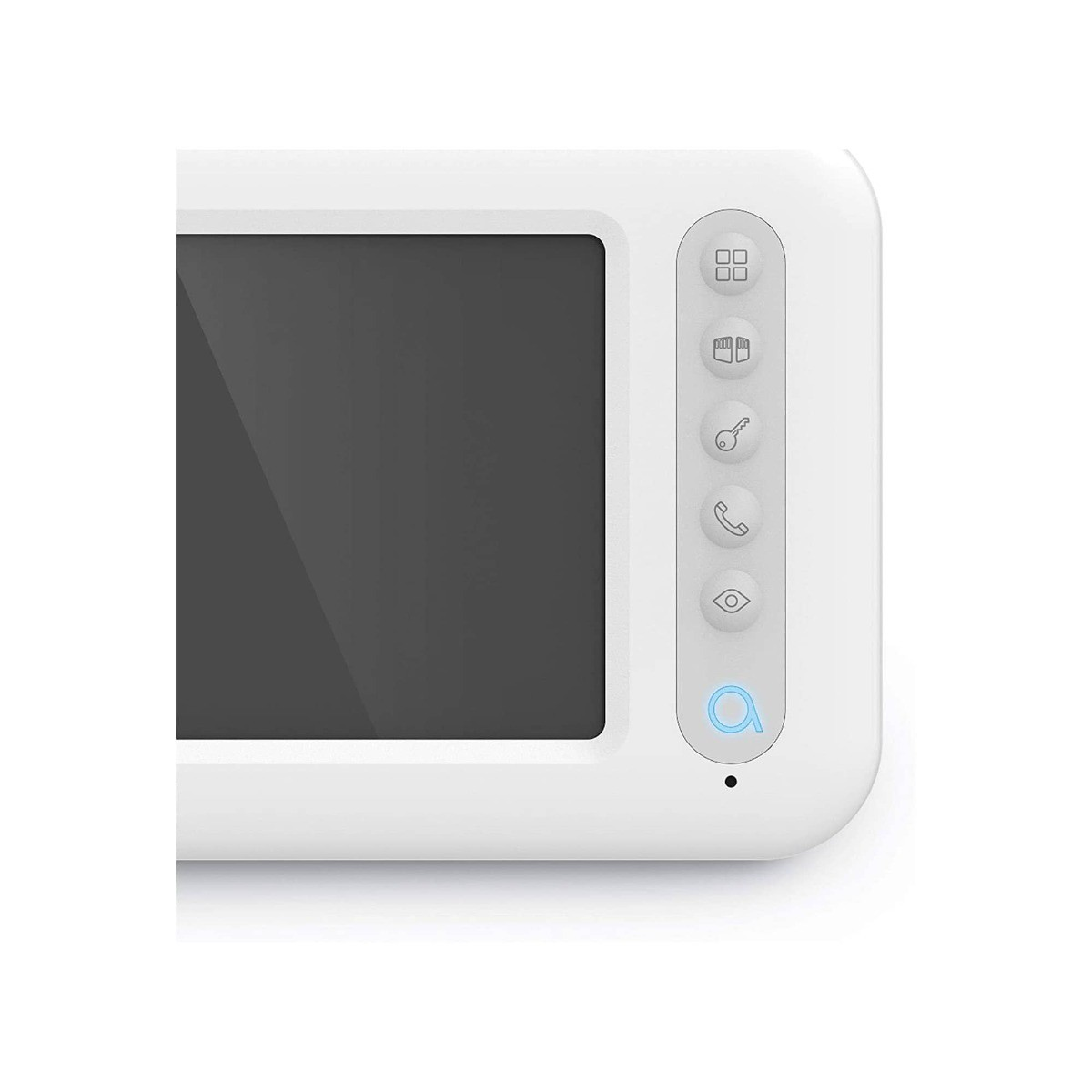 Un panel de intercomunicador de video blanco con pantalla oscura y botones de control.