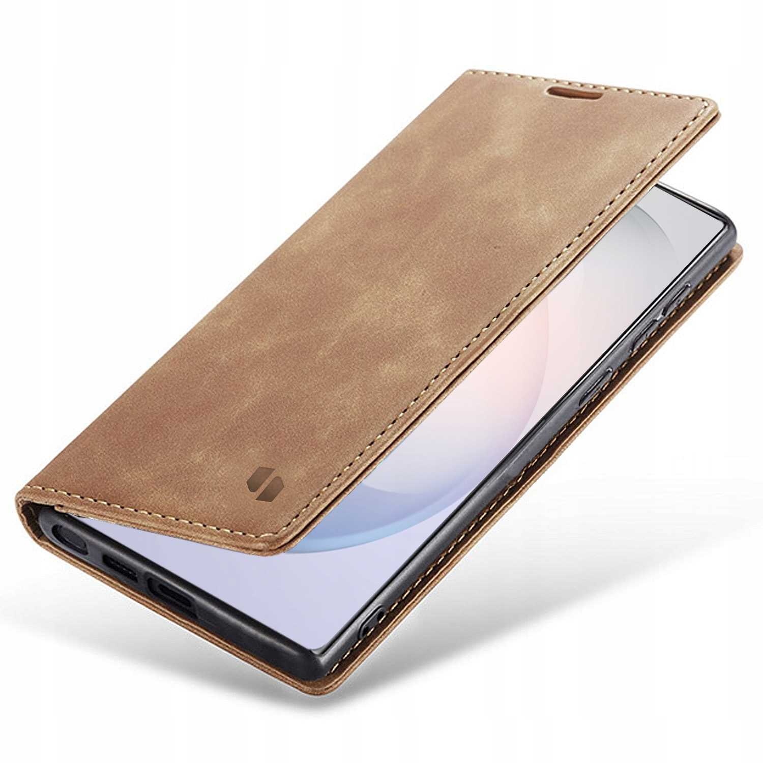 Brązowe skórzane etui na telefon, otwarte, ze szwami, otaczające smartfon.