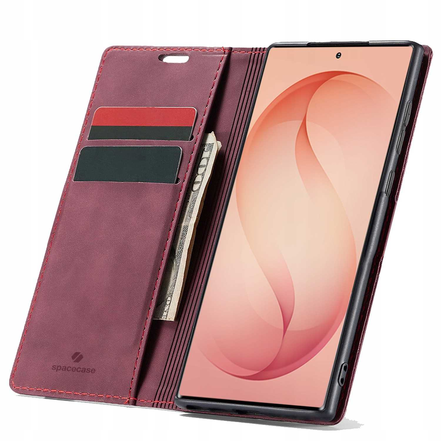 Czerwone etui portfel na telefon z miejscami na karty i kieszonką.