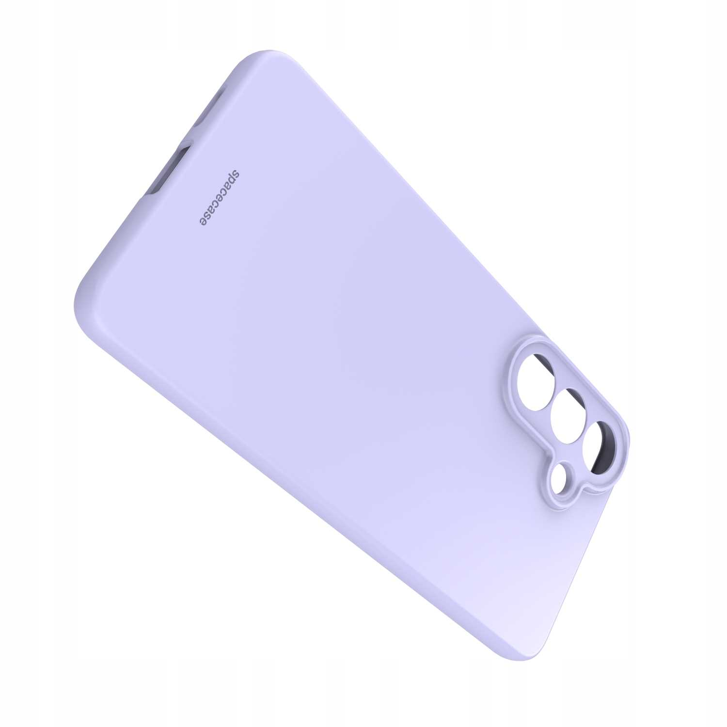 Lawendowe etui na telefon z trzema otworami na aparat i logo.