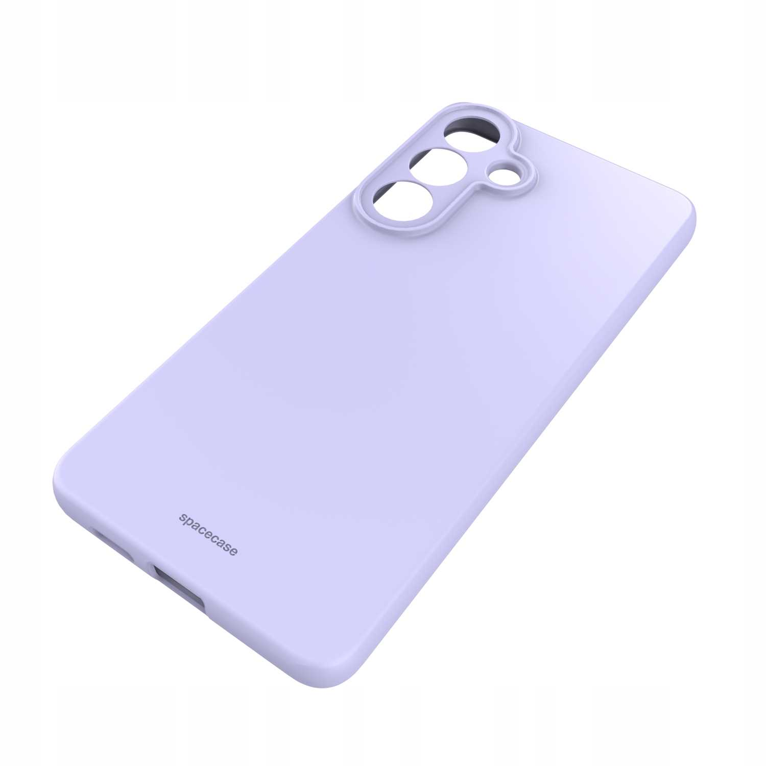 Jasnofioletowe etui na telefon z wycięciami na aparat i logo.