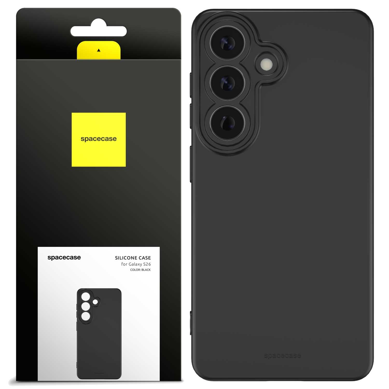 Czarne etui silikonowe do Galaxy S26 z modułem aparatu i opakowaniem.