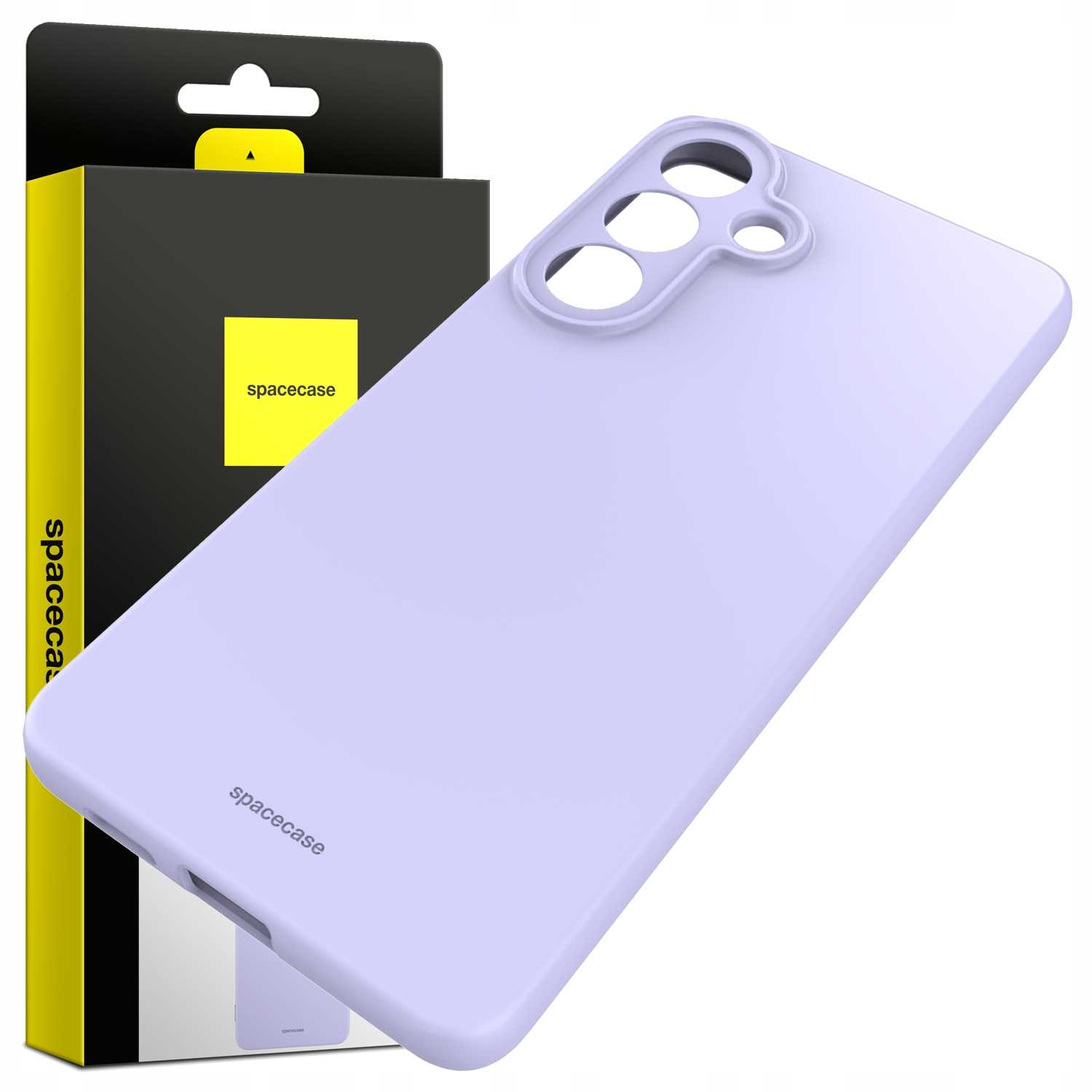 Jasnofioletowe etui na telefon obok czarno-żółtego opakowania. Logo 'spacecase'.