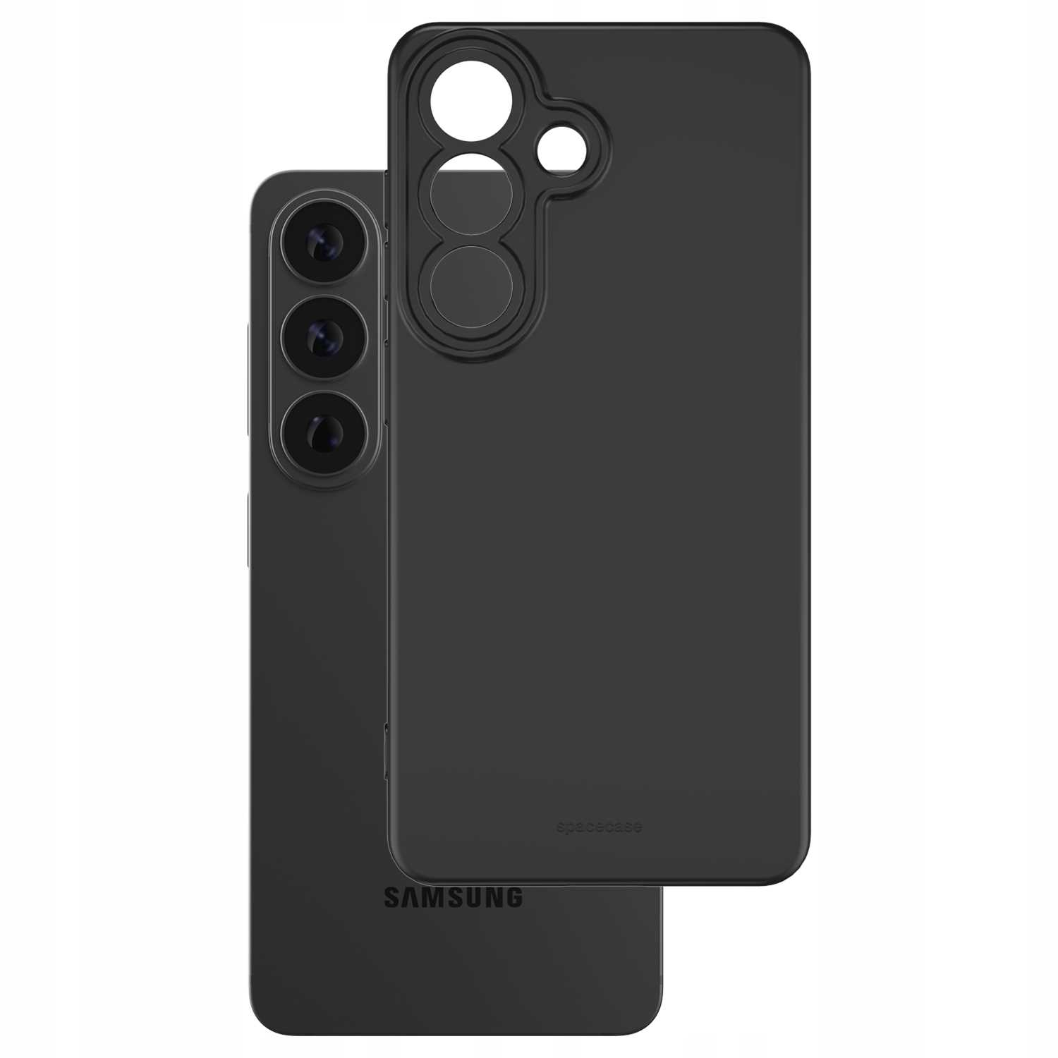 Czarny telefon Samsung z trzema aparatami obok czarnego etui na telefon.