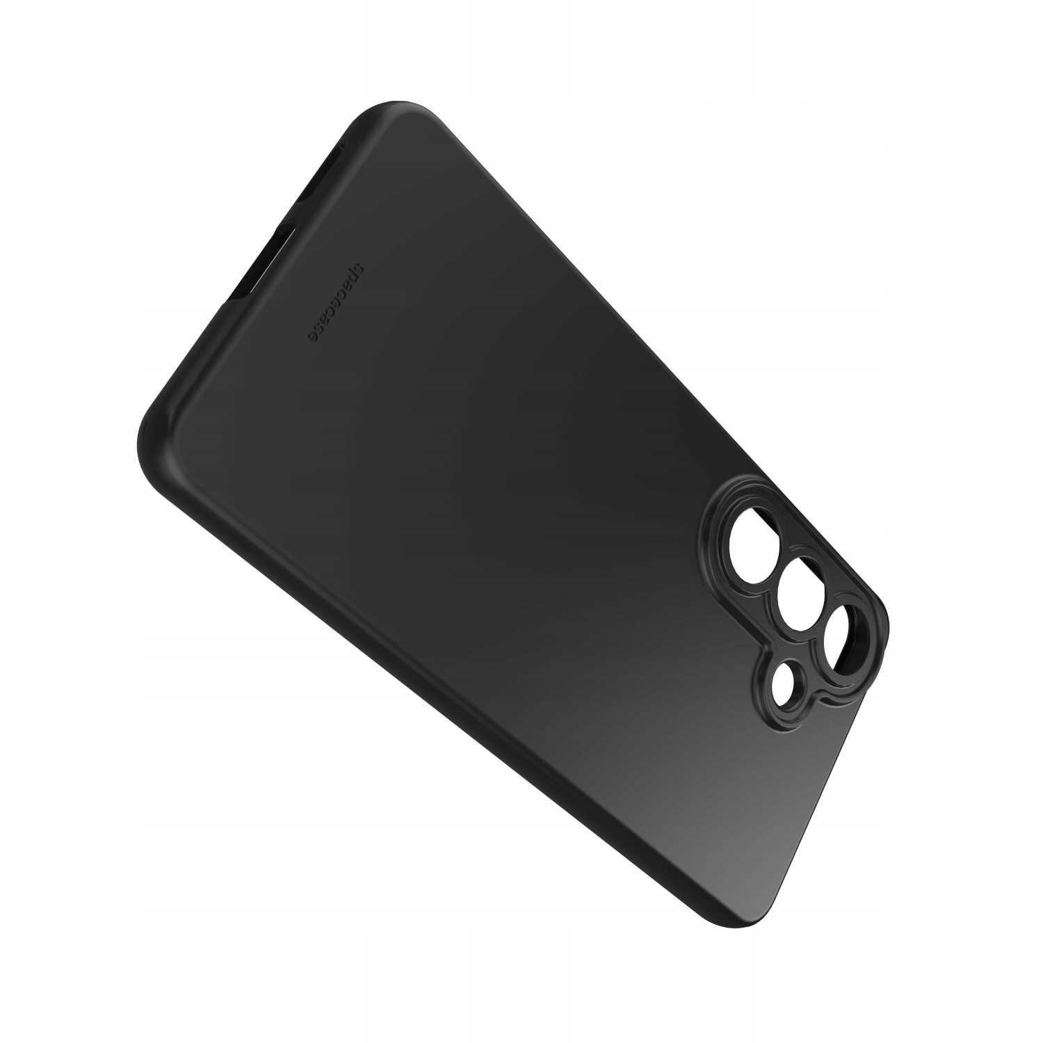Czarne etui na telefon z wycięciami na obiektywy aparatu, na białym tle.