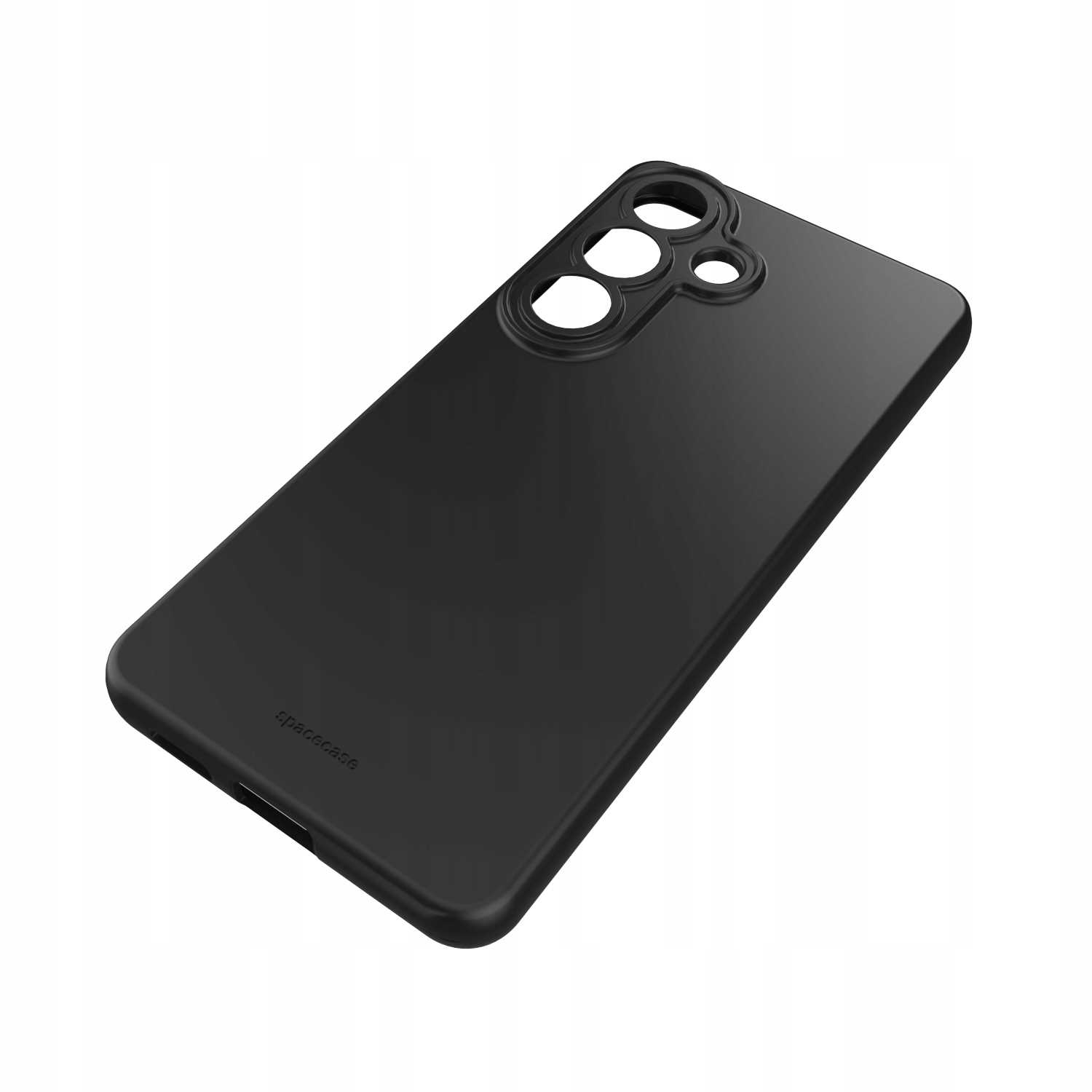 Czarne etui na telefon z wycięciami na aparat i logo.