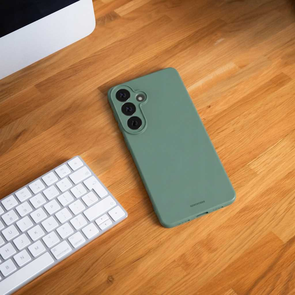 Zielone etui na telefon i biała klawiatura na drewnianym biurku.