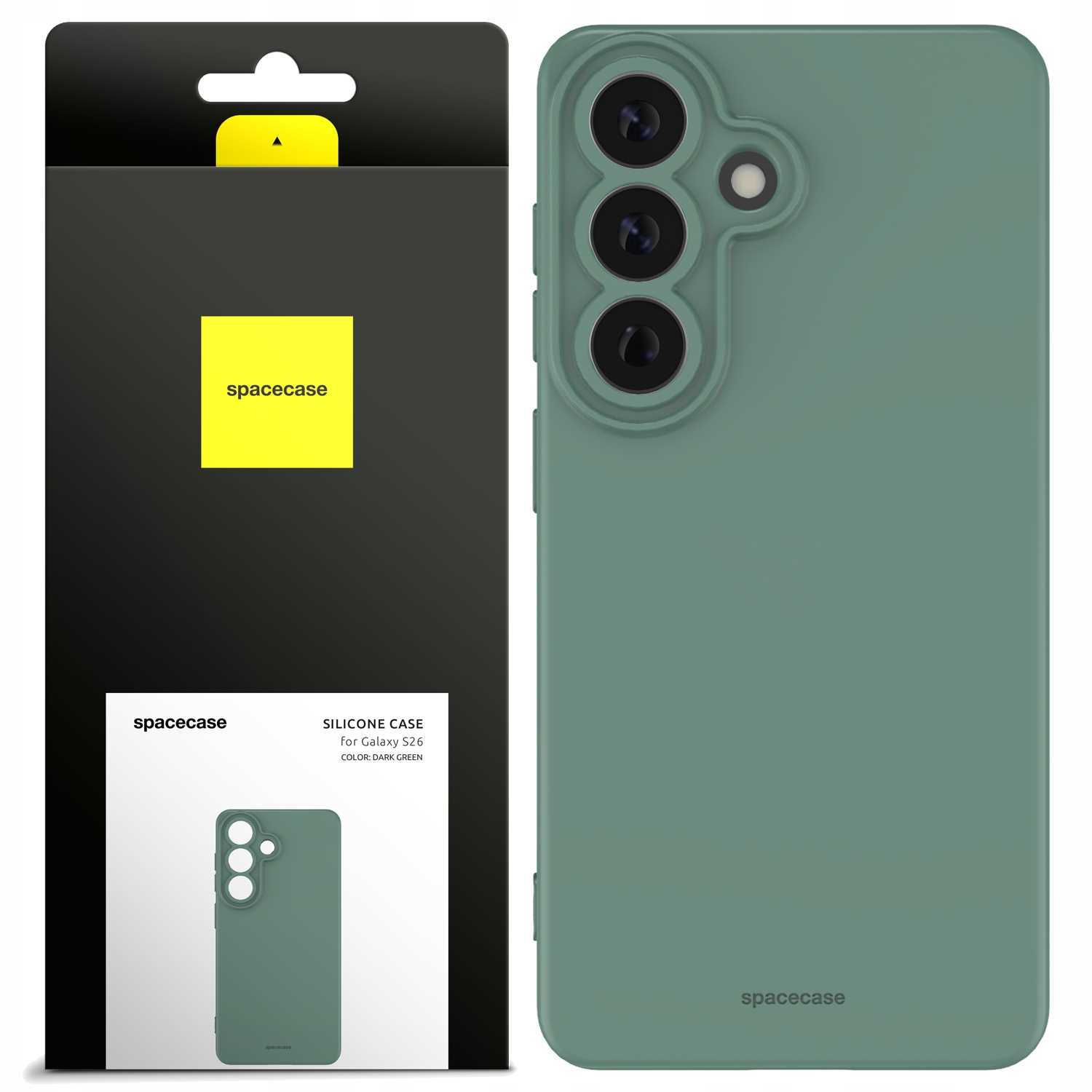 Ciemnozielone etui silikonowe do Galaxy S26 z wycięciem na aparat i opakowaniem.