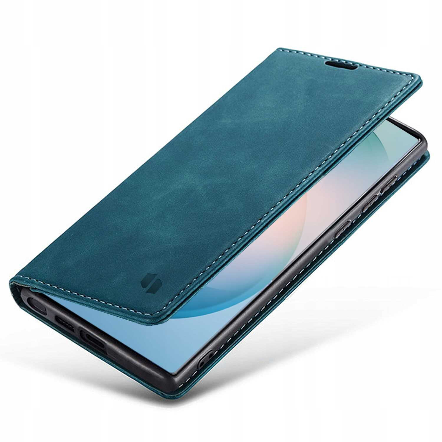 Niebiesko-zielona etui na telefon z klapką, otwarta, pokazująca ekran.