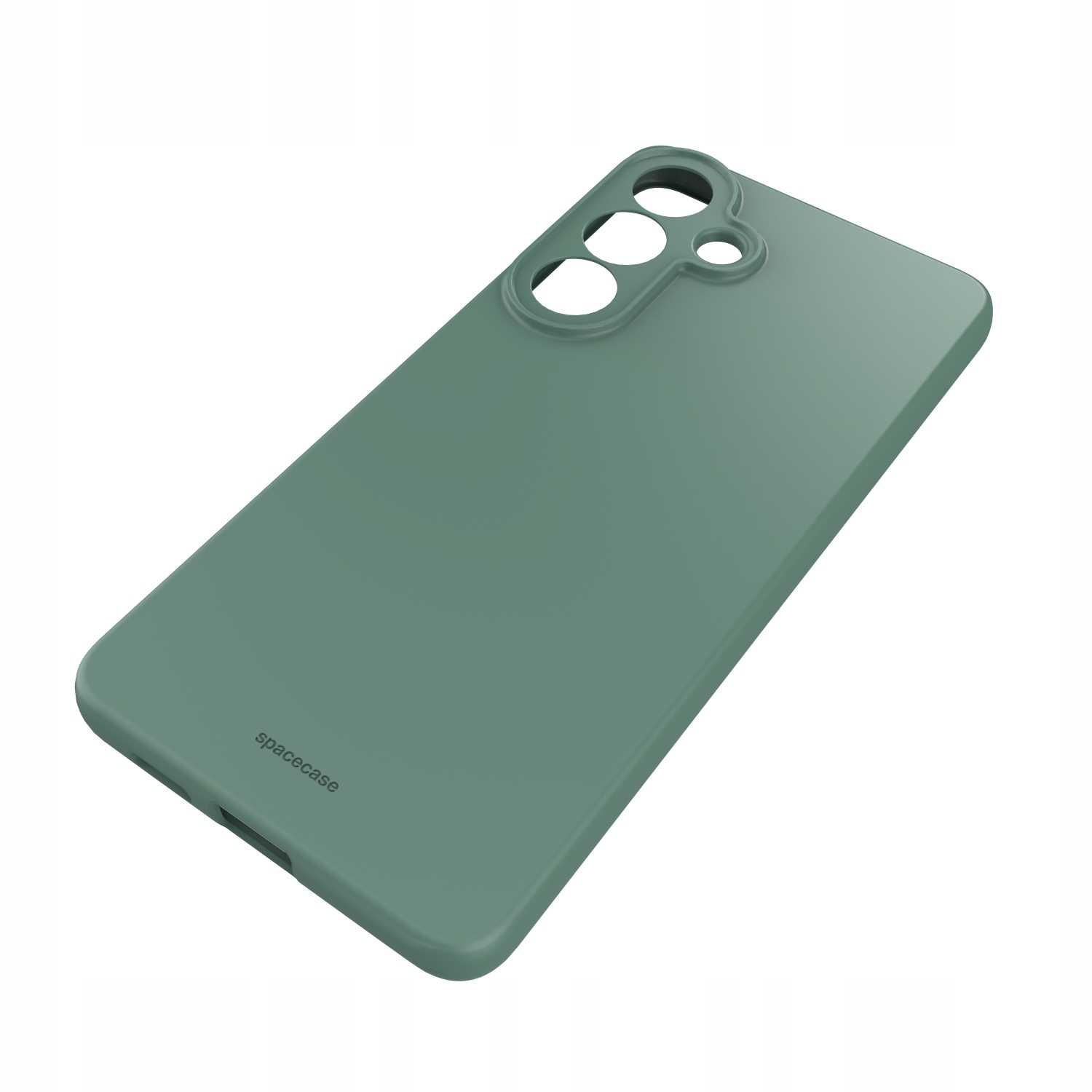 Zielone etui na telefon z wycięciami na aparat i przyciski.