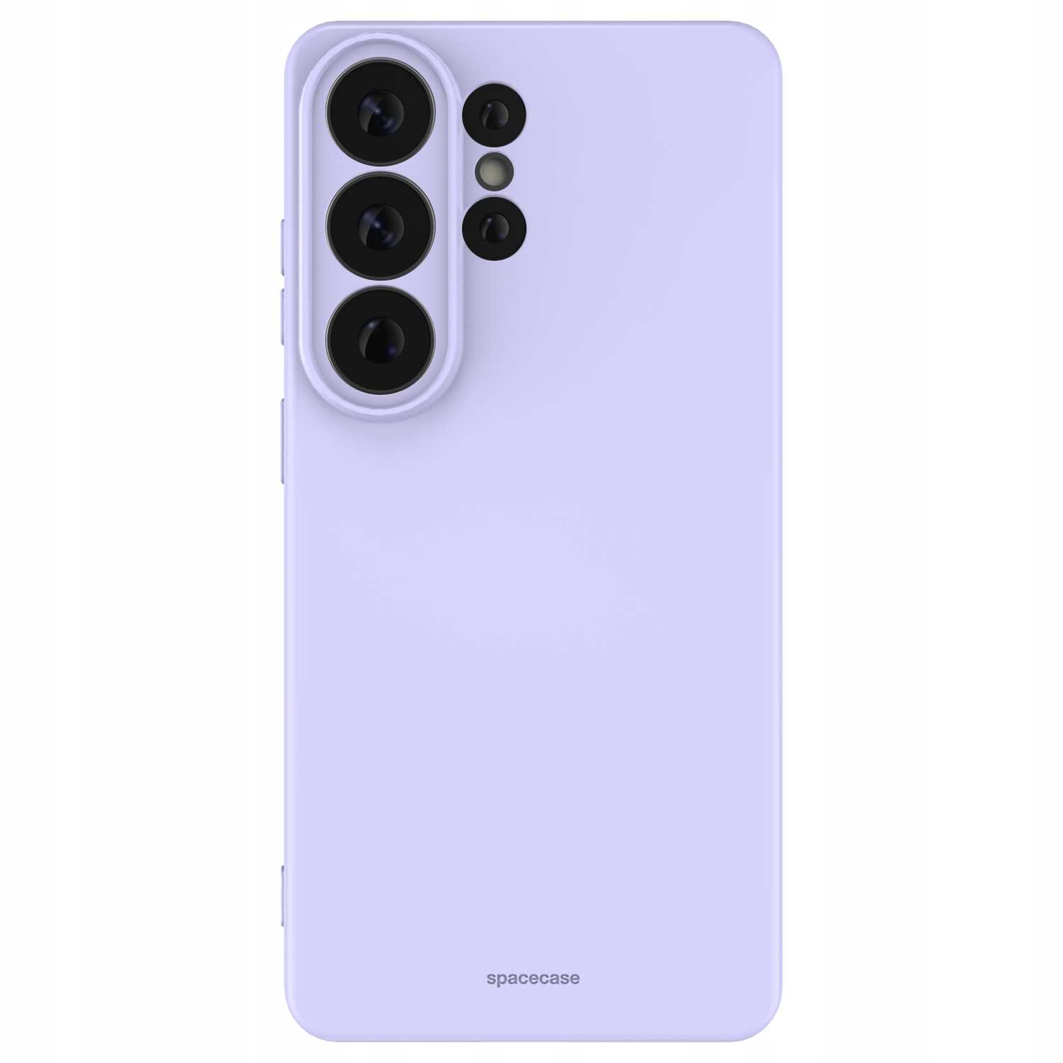 Jasnofioletowe etui na telefon z trzema obiektywami aparatu i logo „spacecase”.