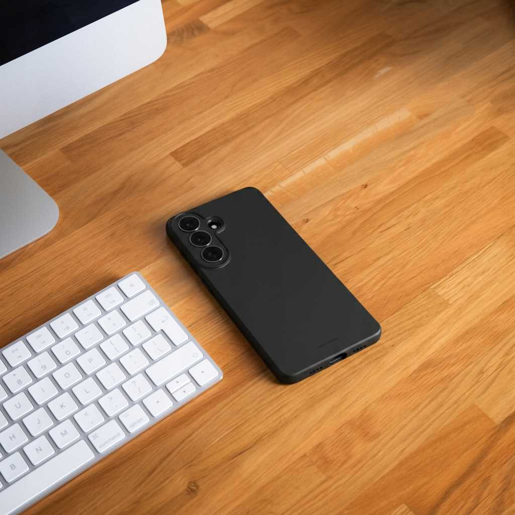 Czarny smartfon leży obok białej klawiatury na drewnianym biurku.