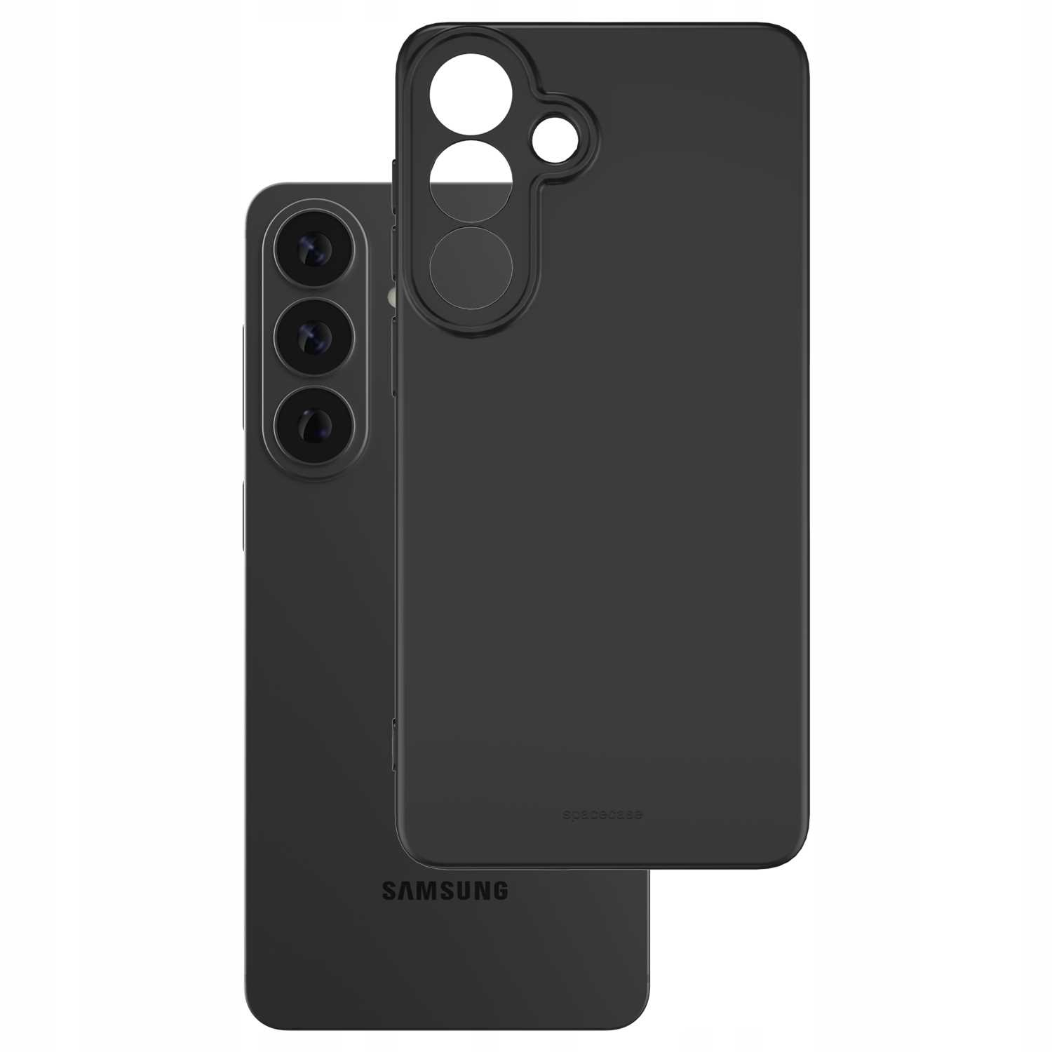 Czarny smartfon Samsung leży obok pasującego czarnego etui ochronnego.