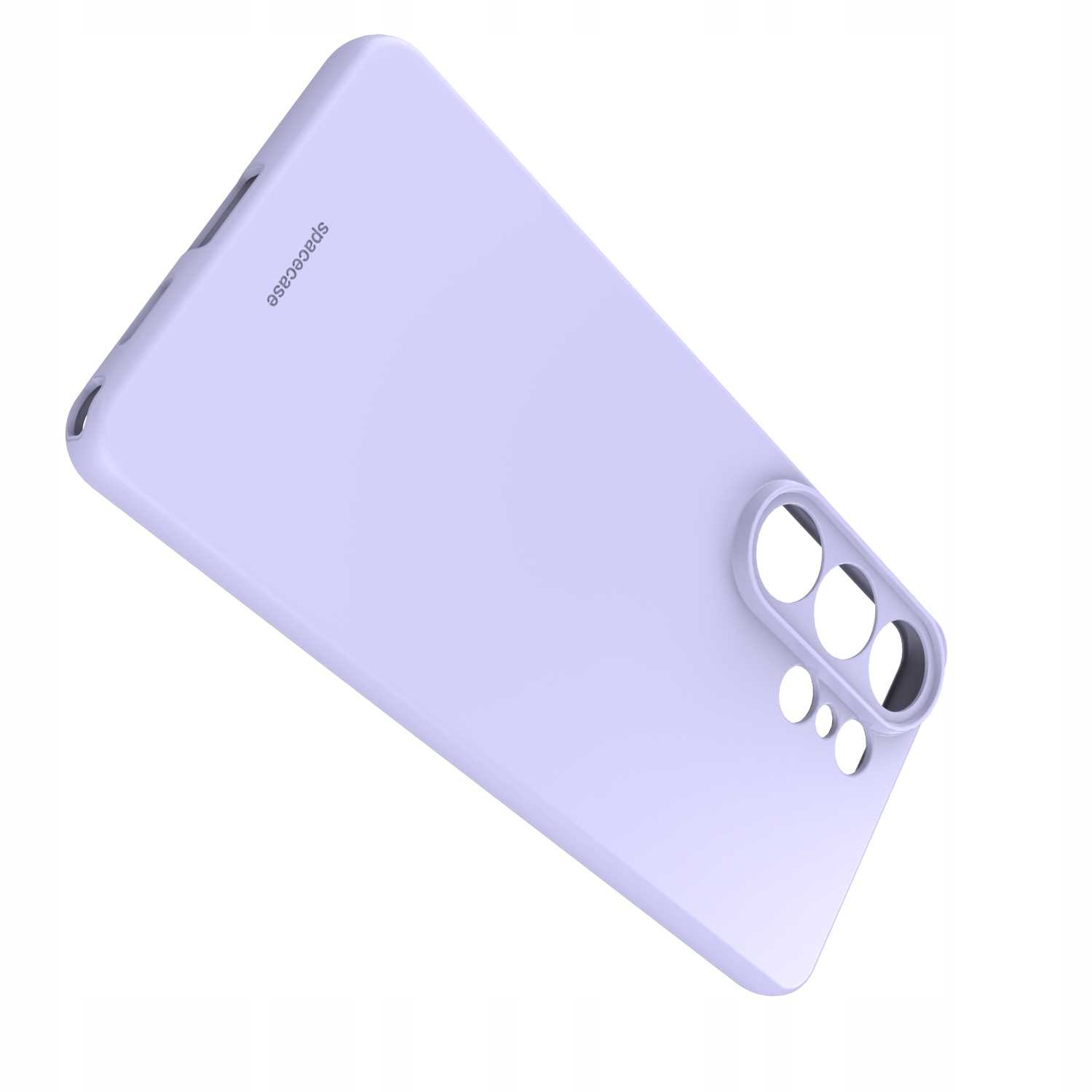 Lawendowe etui na telefon z wycięciami na aparat, na białym tle.