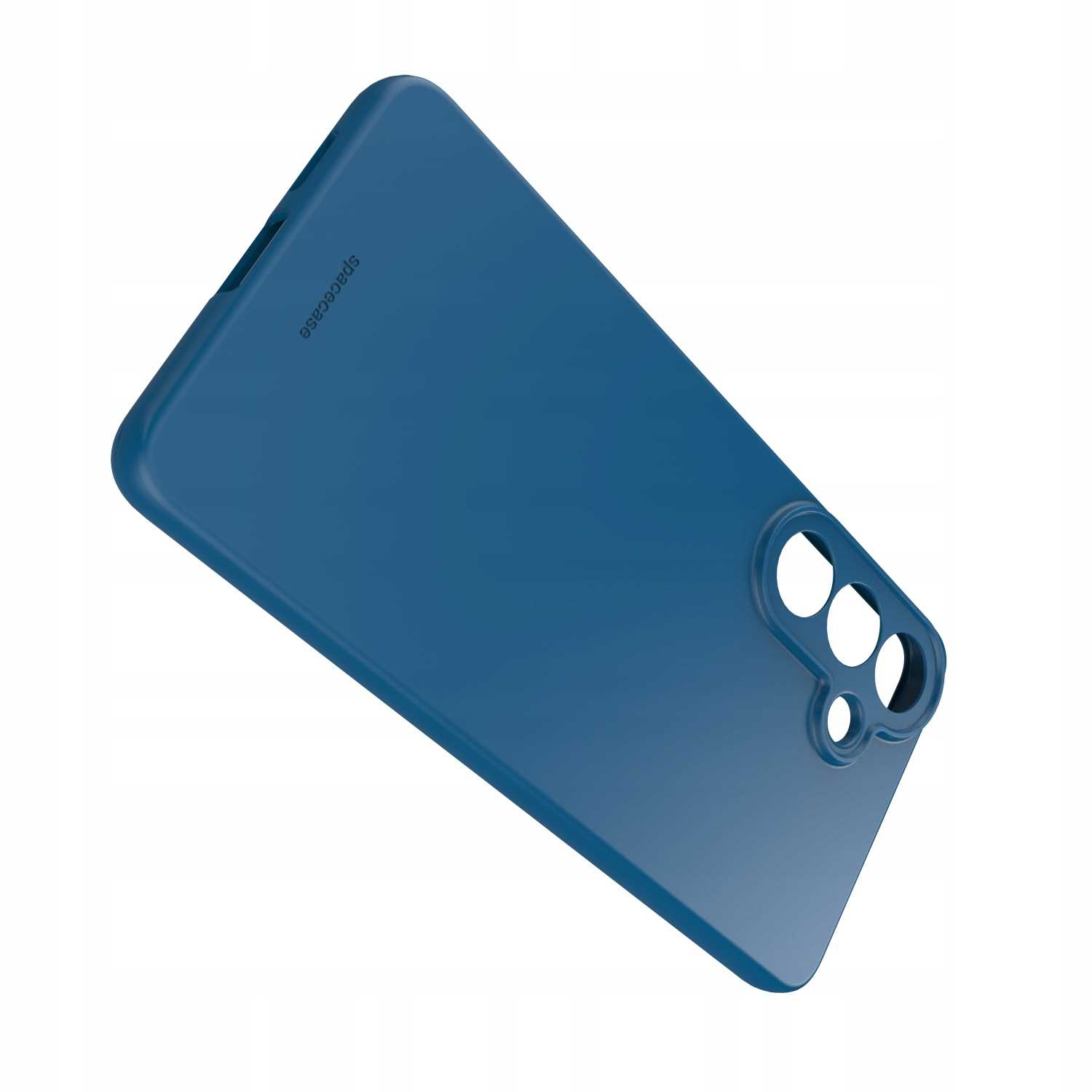 Niebieskie etui na telefon z wycięciami na aparat i przyciski.