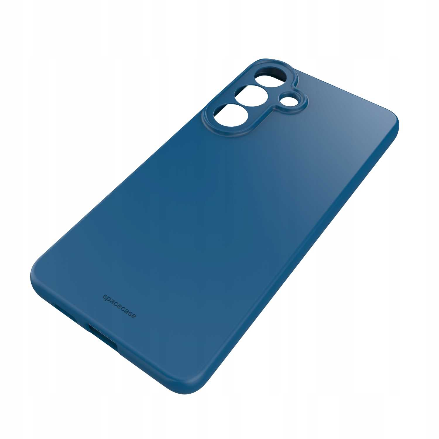 Ciemnoniebieskie etui na telefon z wycięciami na aparat i porty.