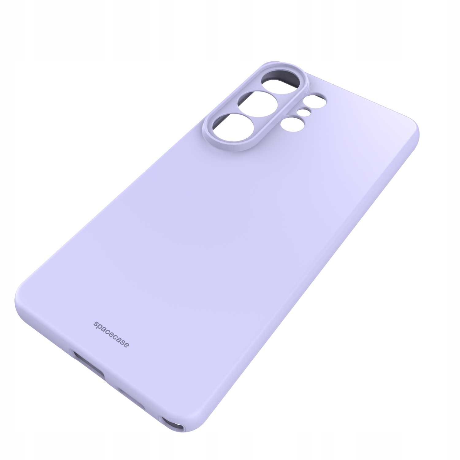 Lawendowe etui na telefon z wycięciami na aparat i logo.