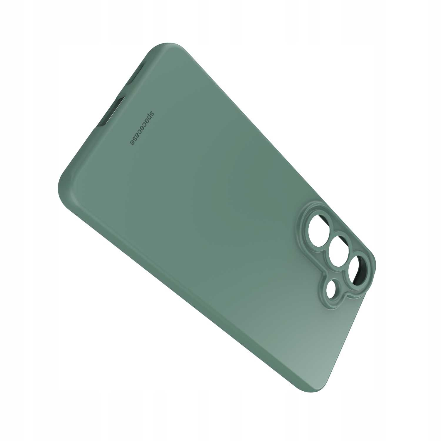 Zielone etui na telefon z wycięciami na aparat i logo.