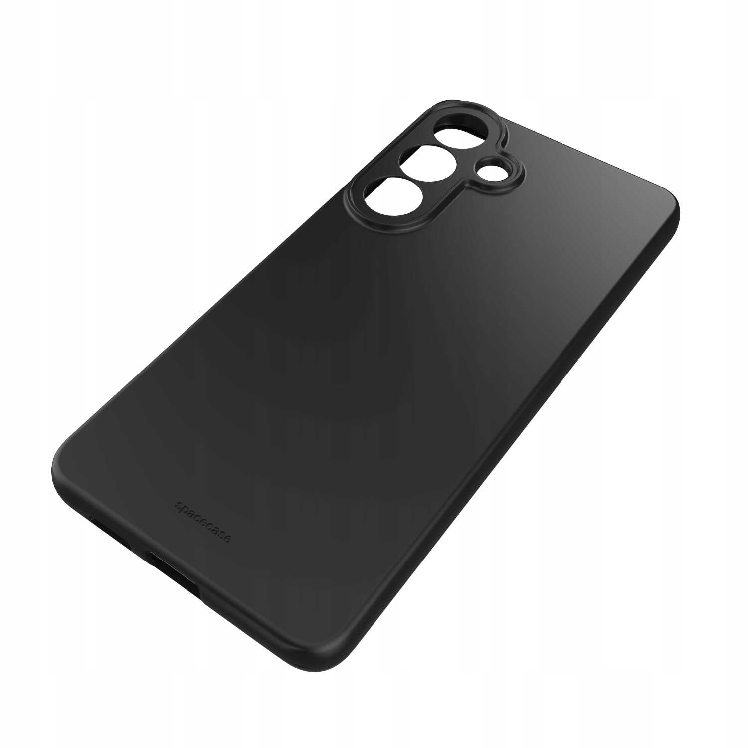 Czarne etui na telefon z wycięciami na aparat i logo z tyłu.